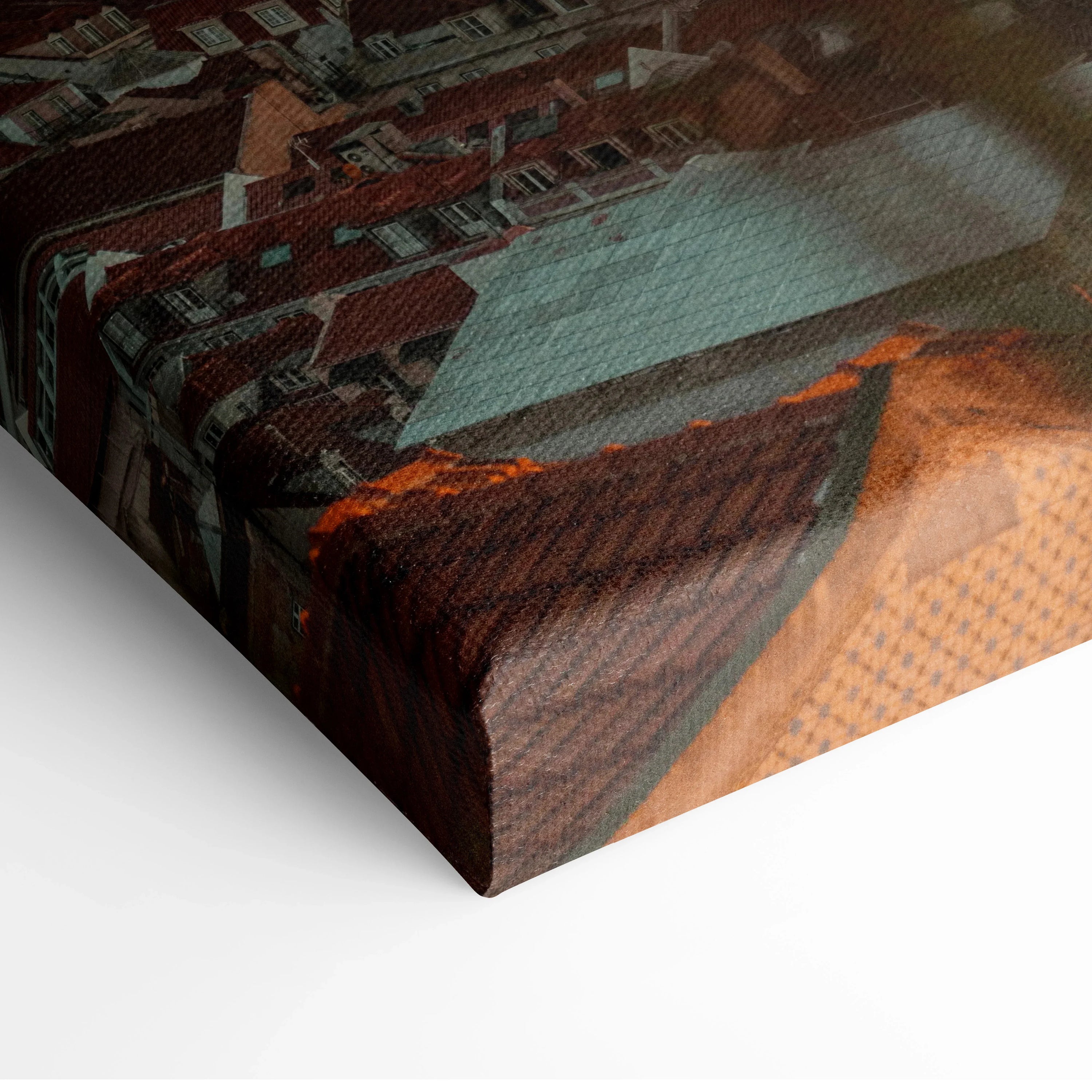 Urban sunset cityscape canvas wall art with warm orange and red tones, printed on stretched canvas.