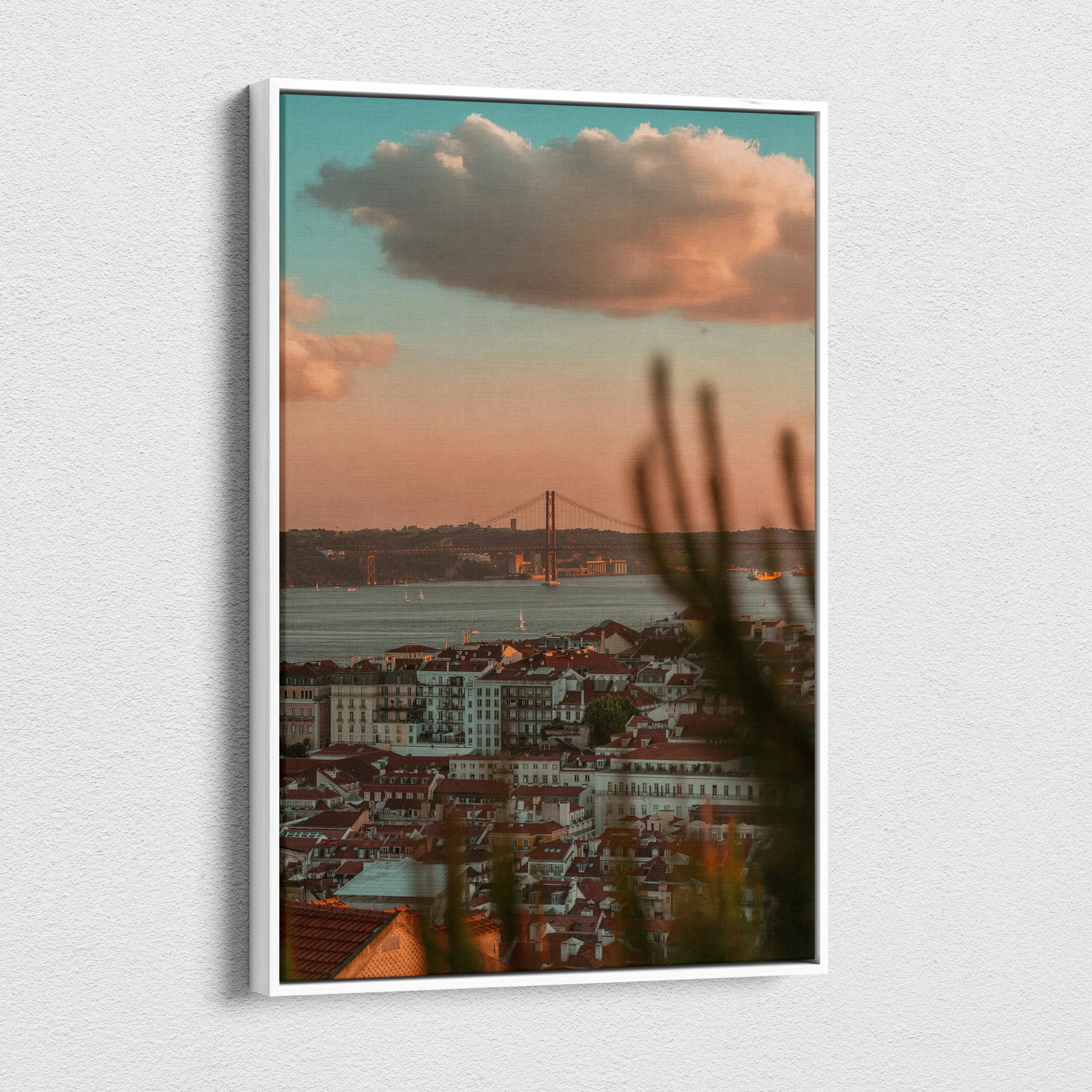 Urban sunset cityscape canvas wall art with soft clouds and warm tones.