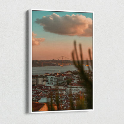 Urban sunset cityscape canvas wall art with soft clouds and warm tones.