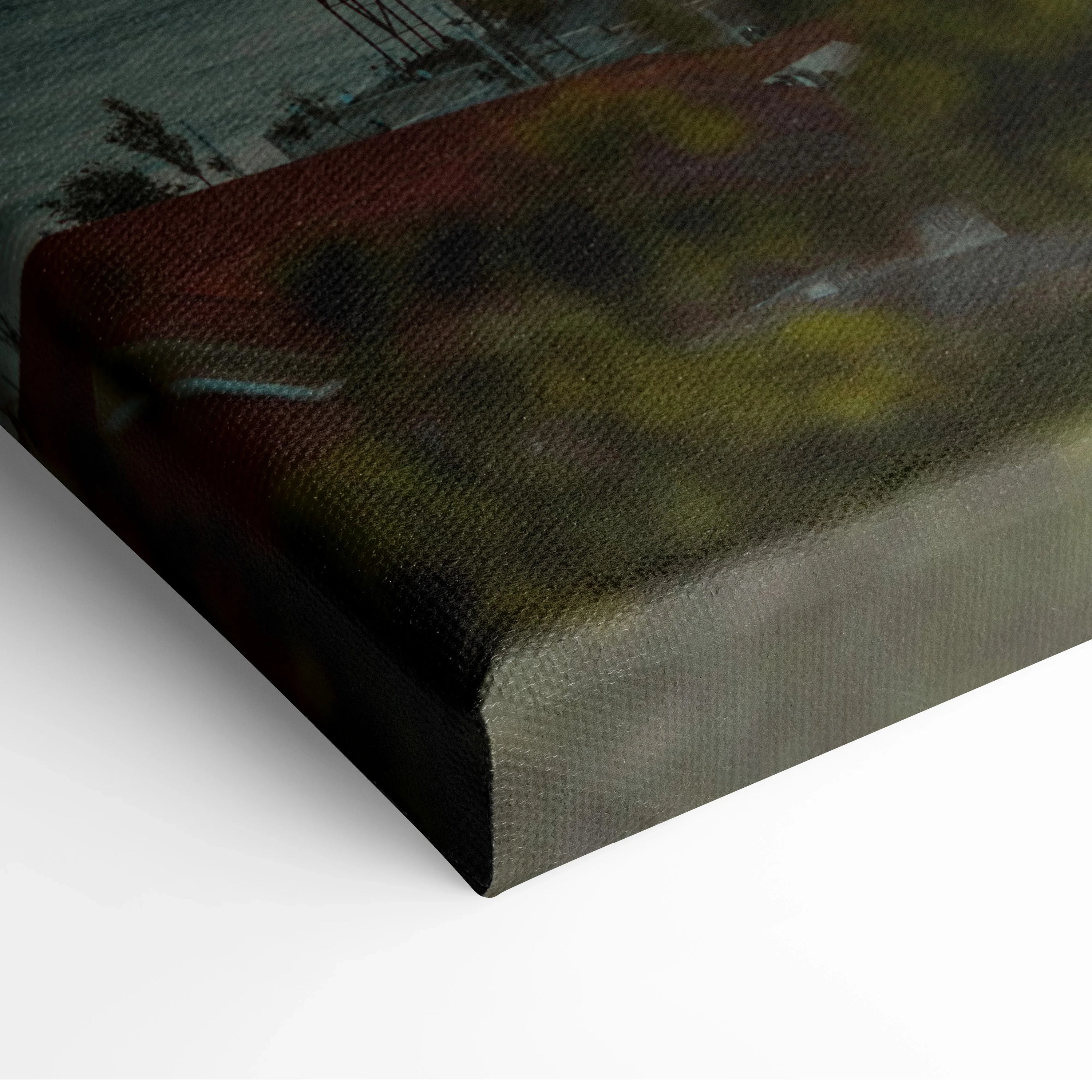 Close-up of dark city sunset skyline canvas with rich orange and deep green tones, wall art texture visible.