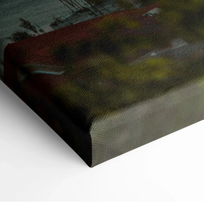 Close-up of dark city sunset skyline canvas with rich orange and deep green tones, wall art texture visible.