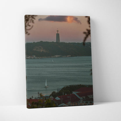 Canvas wall art featuring a city skyline with a sunset sky and waterfront buildings.