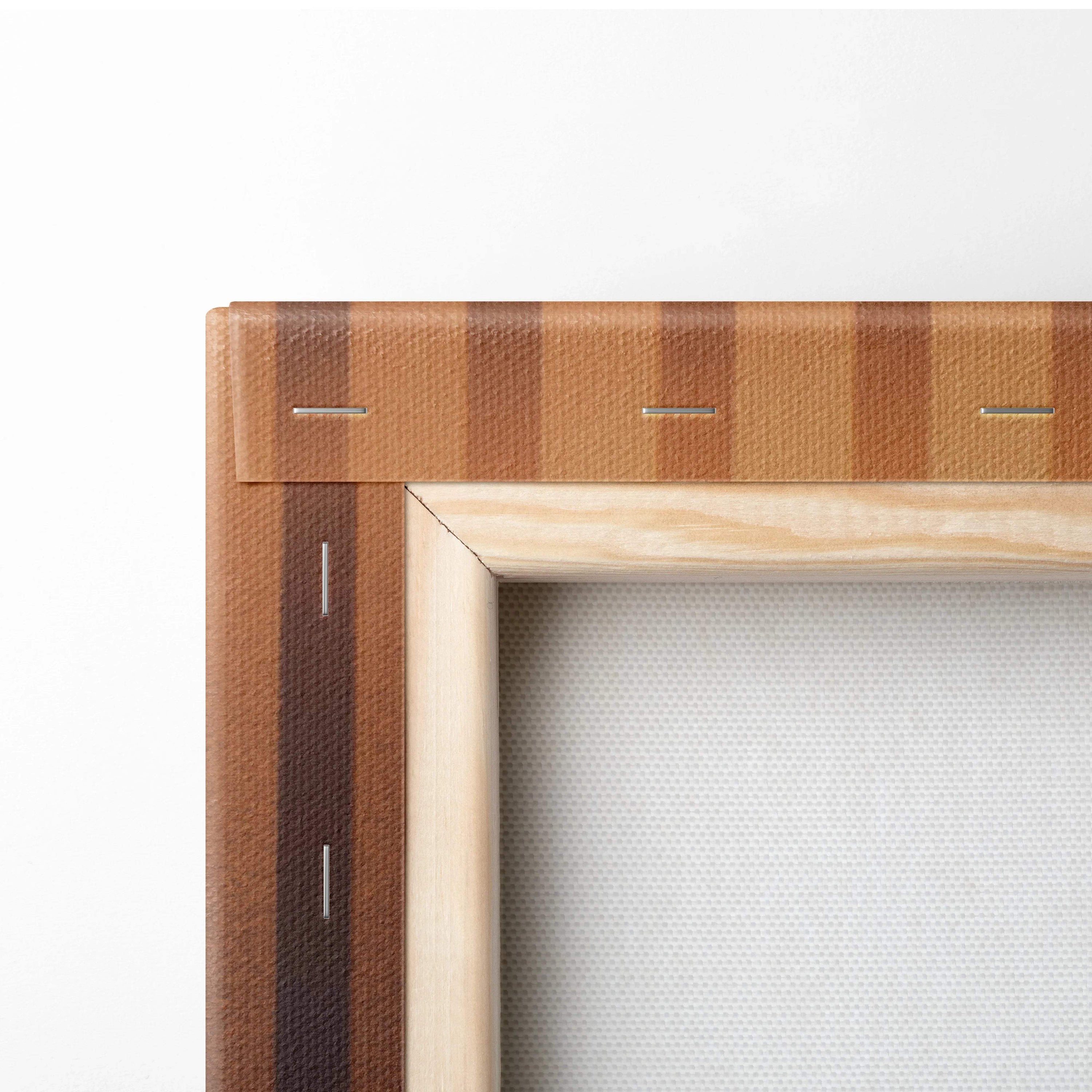 Back of minimalist abstract vertical stripe canvas wall art in golden amber and deep brown tones on wooden frame