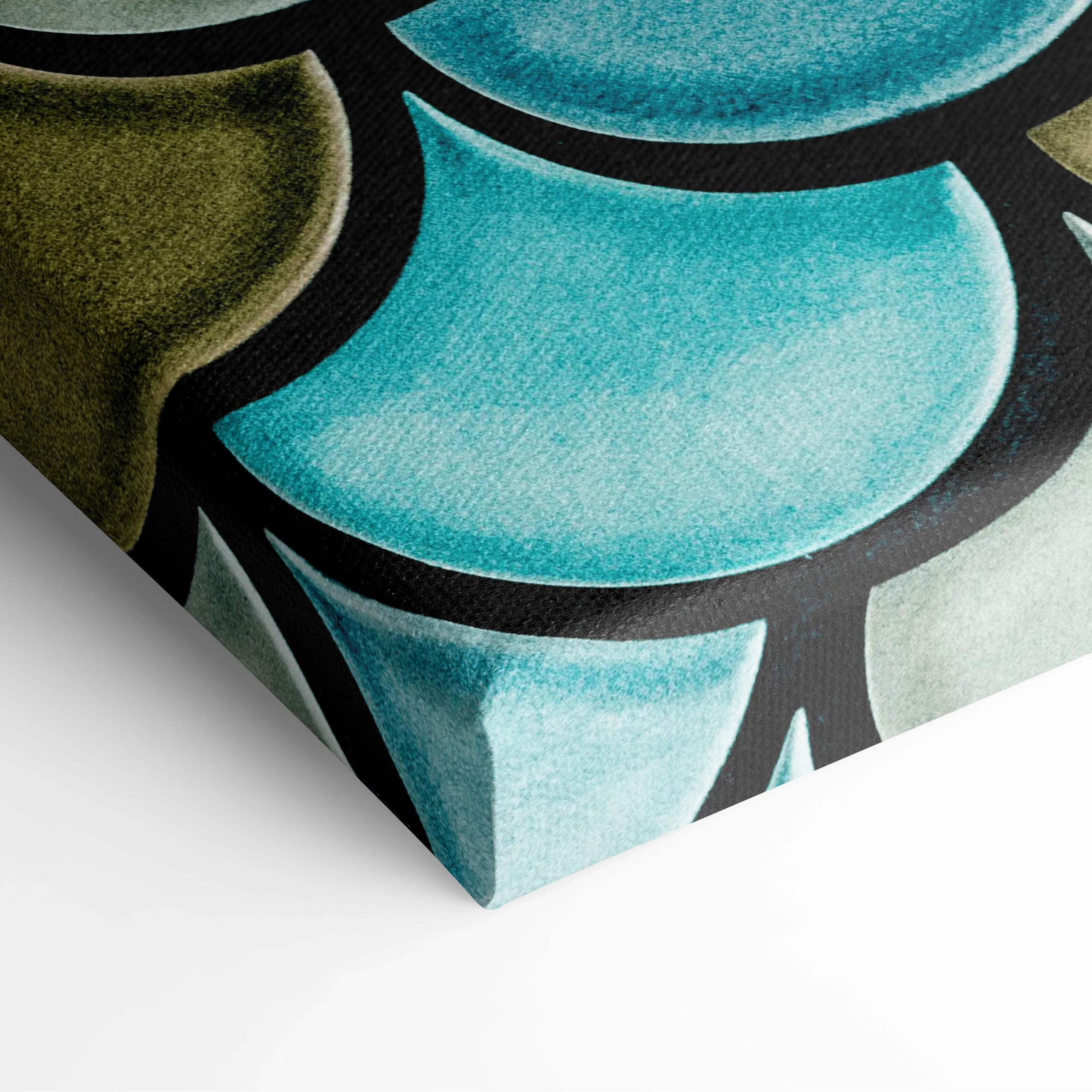 Coastal scalloped fish scale canvas art in turquoise seafoam, olive, teal with black outlines