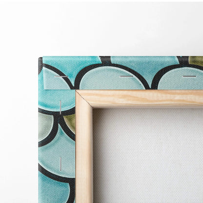 Coastal scalloped fish scale canvas wall art back in teal black pattern on light wood frame