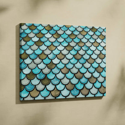 Coastal scalloped fish scale canvas wall art in turquoise seafoam olive tones