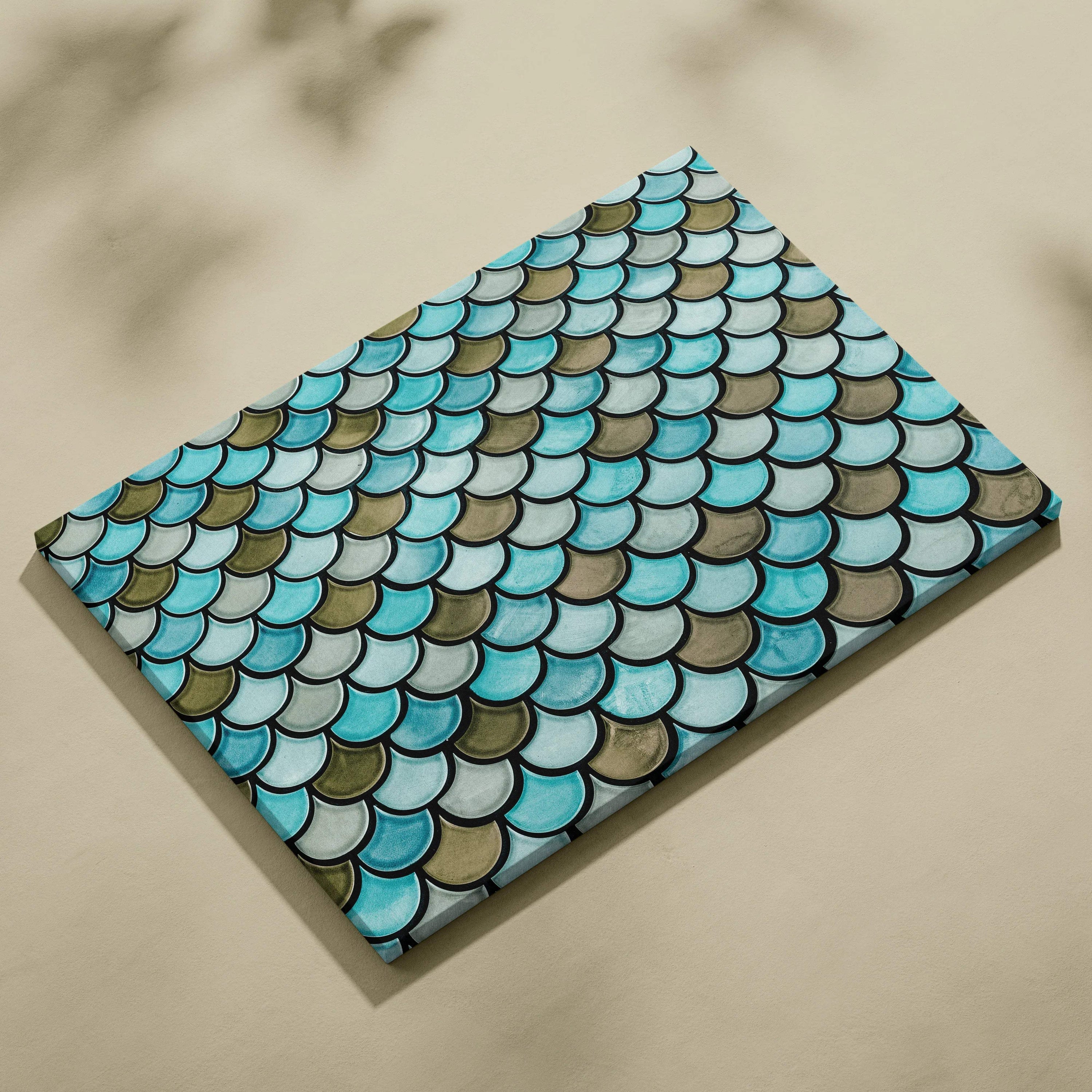 Coastal scalloped fish scale canvas wall art in turquoise seafoam olive tones