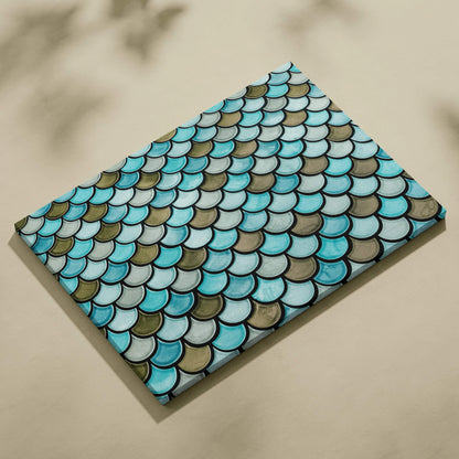 Coastal scalloped fish scale canvas wall art in turquoise seafoam olive tones