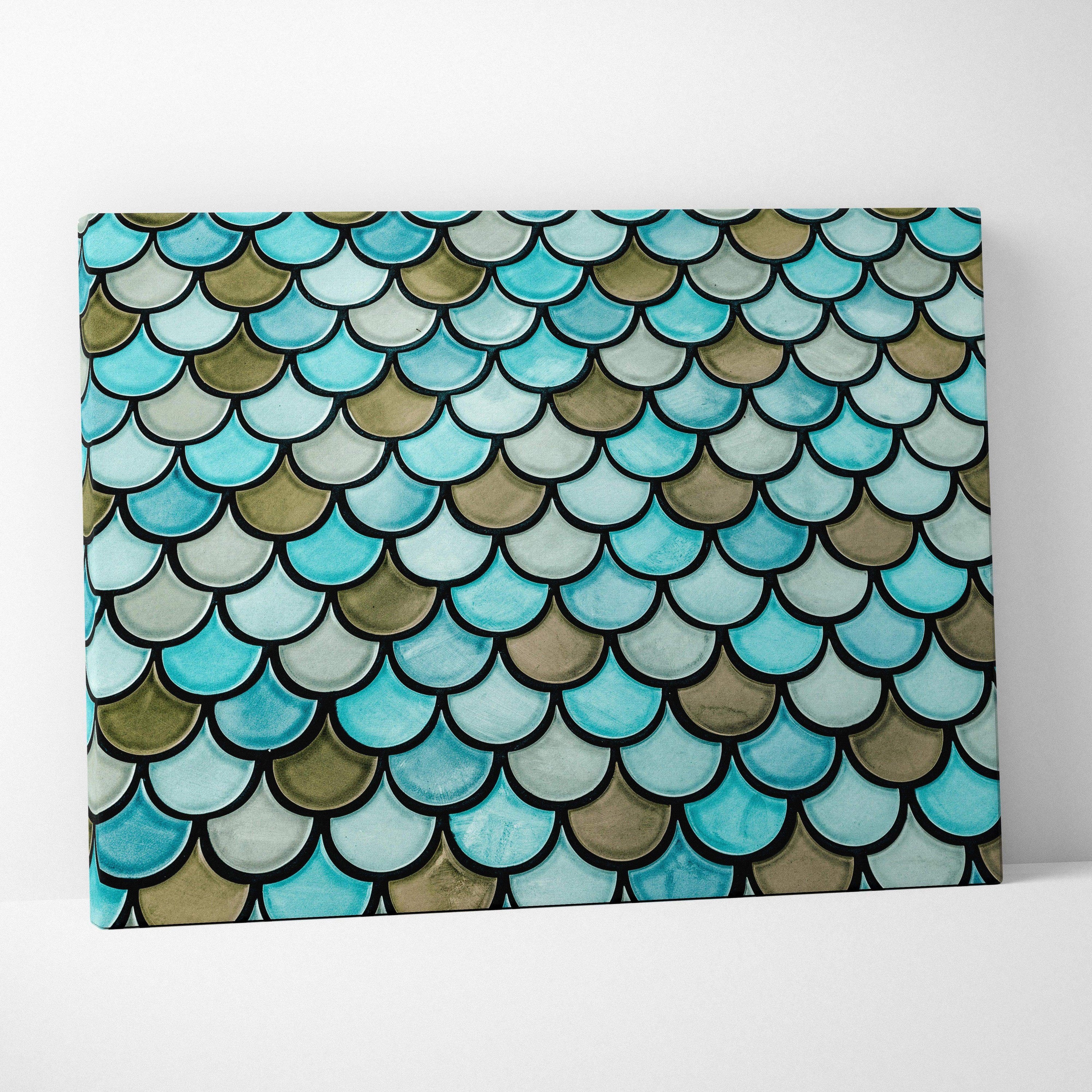 Coastal scalloped fish scale canvas wall art in turquoise seafoam olive tones