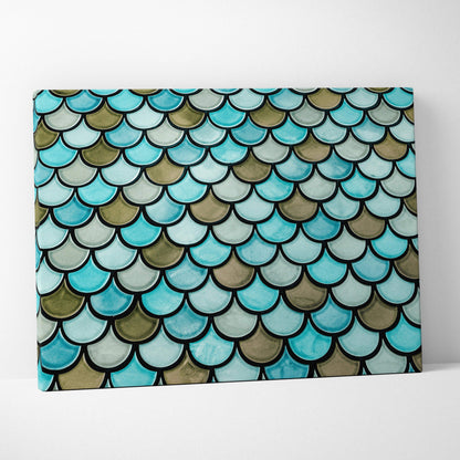 Coastal scalloped fish scale canvas wall art in turquoise seafoam olive tones