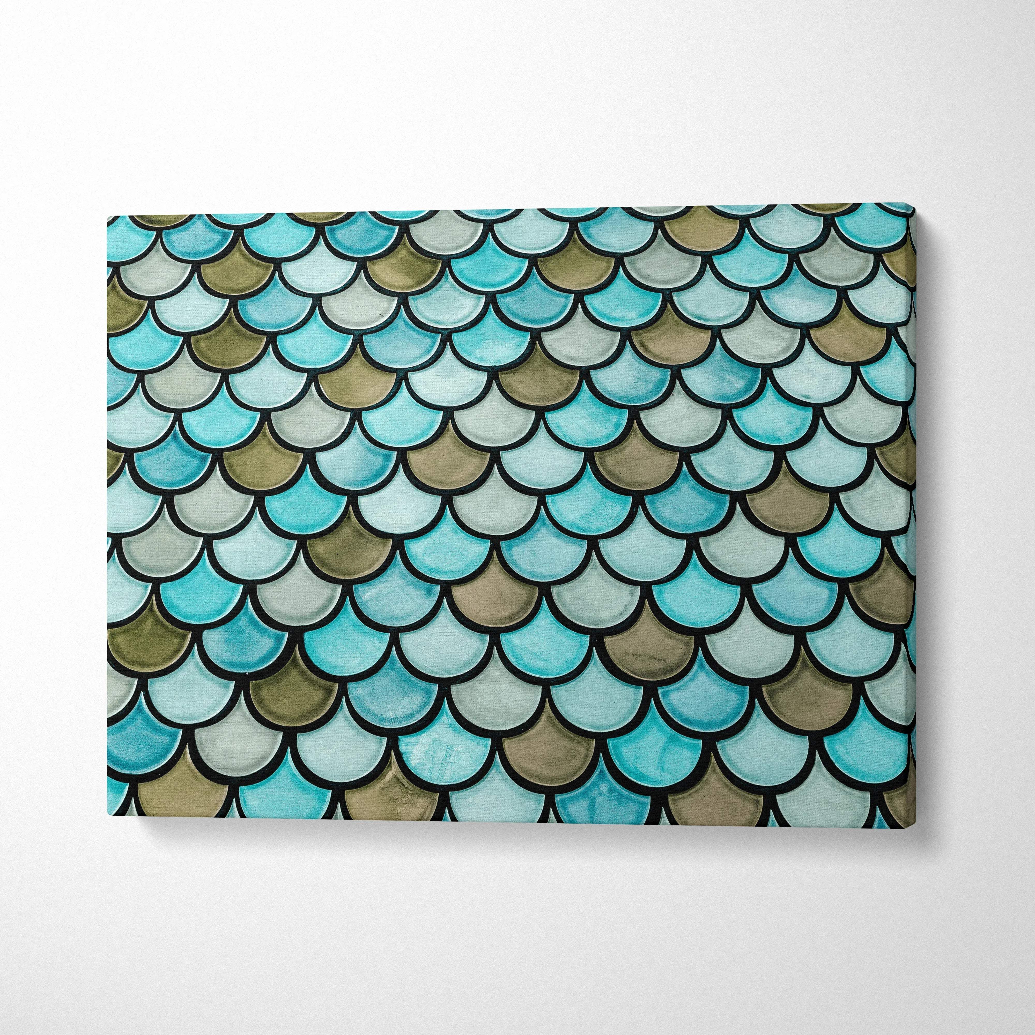 Coastal scalloped fish scale canvas wall art in turquoise seafoam olive tones
