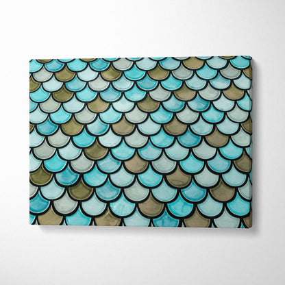 Coastal scalloped fish scale canvas wall art in turquoise seafoam olive tones