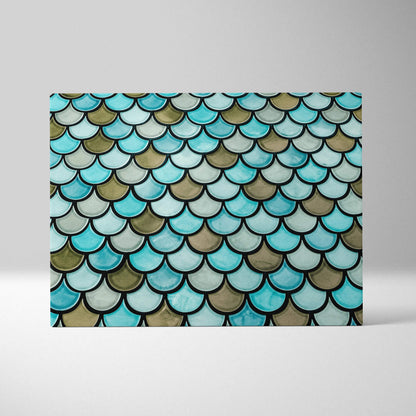 Coastal scalloped fish scale canvas wall art in turquoise and olive tones