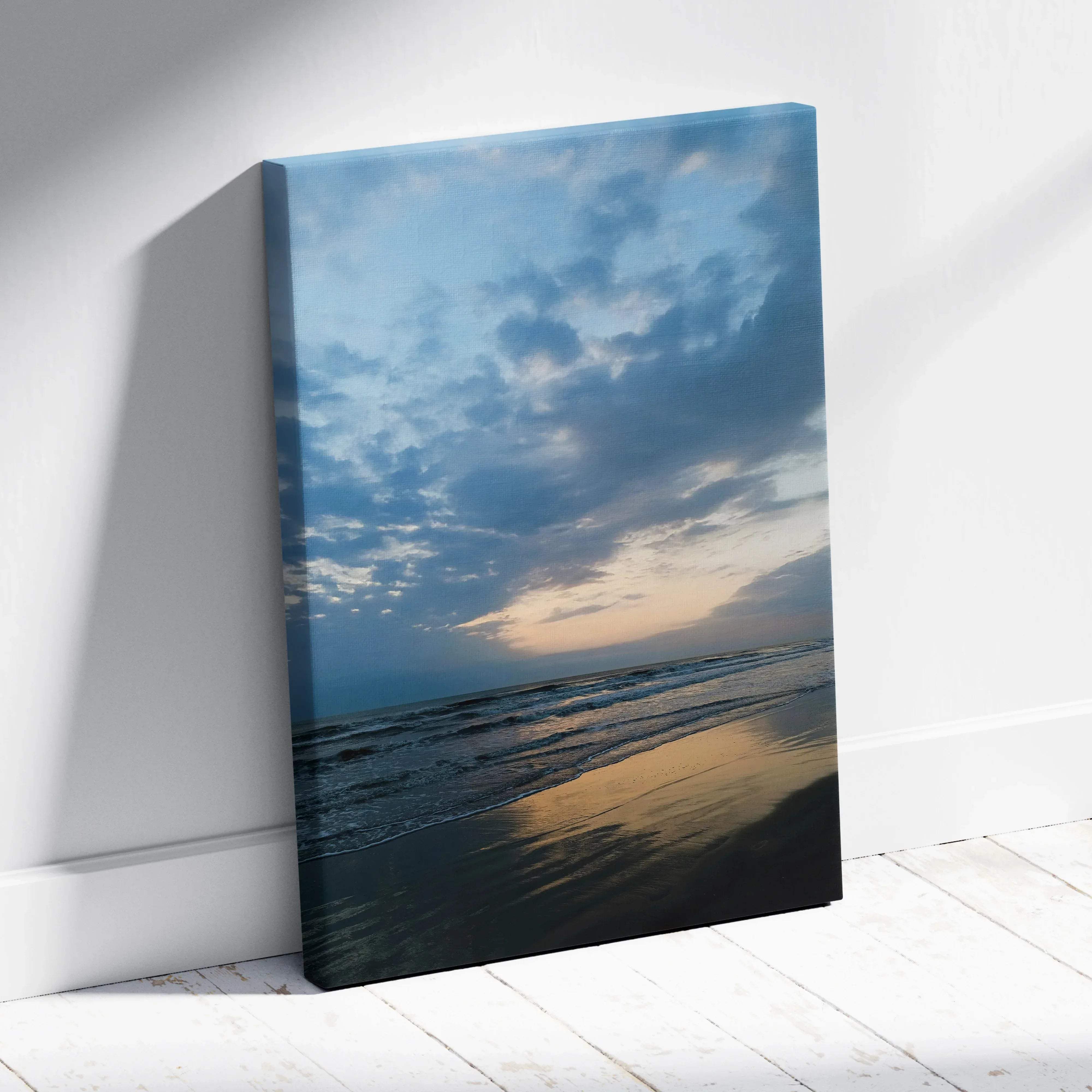 Serene beach sunset seascape canvas wall art featuring a blue and gold sunset beach scene for living room decor
