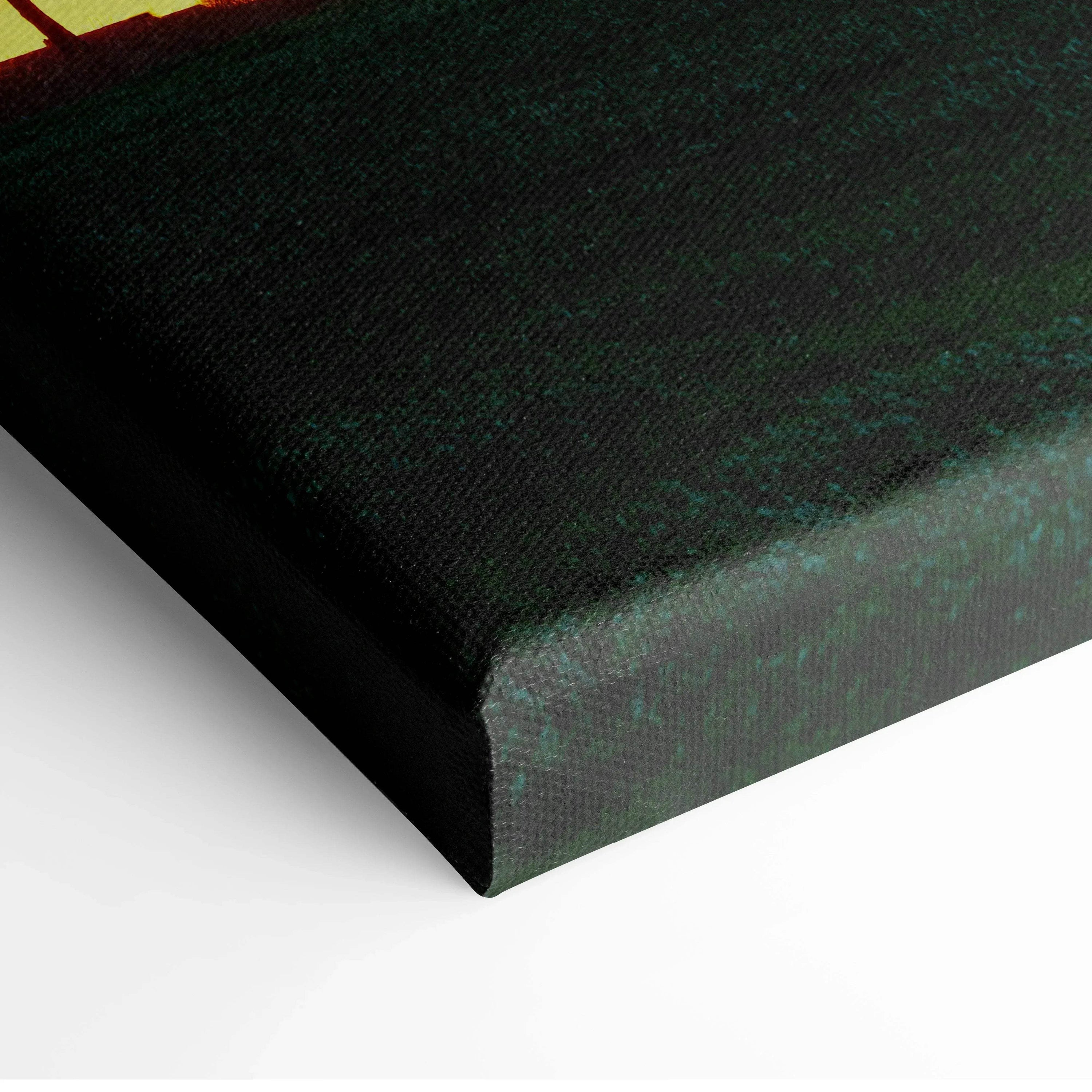 Close-up of dark green textured canvas edge on vertical wall art print.
