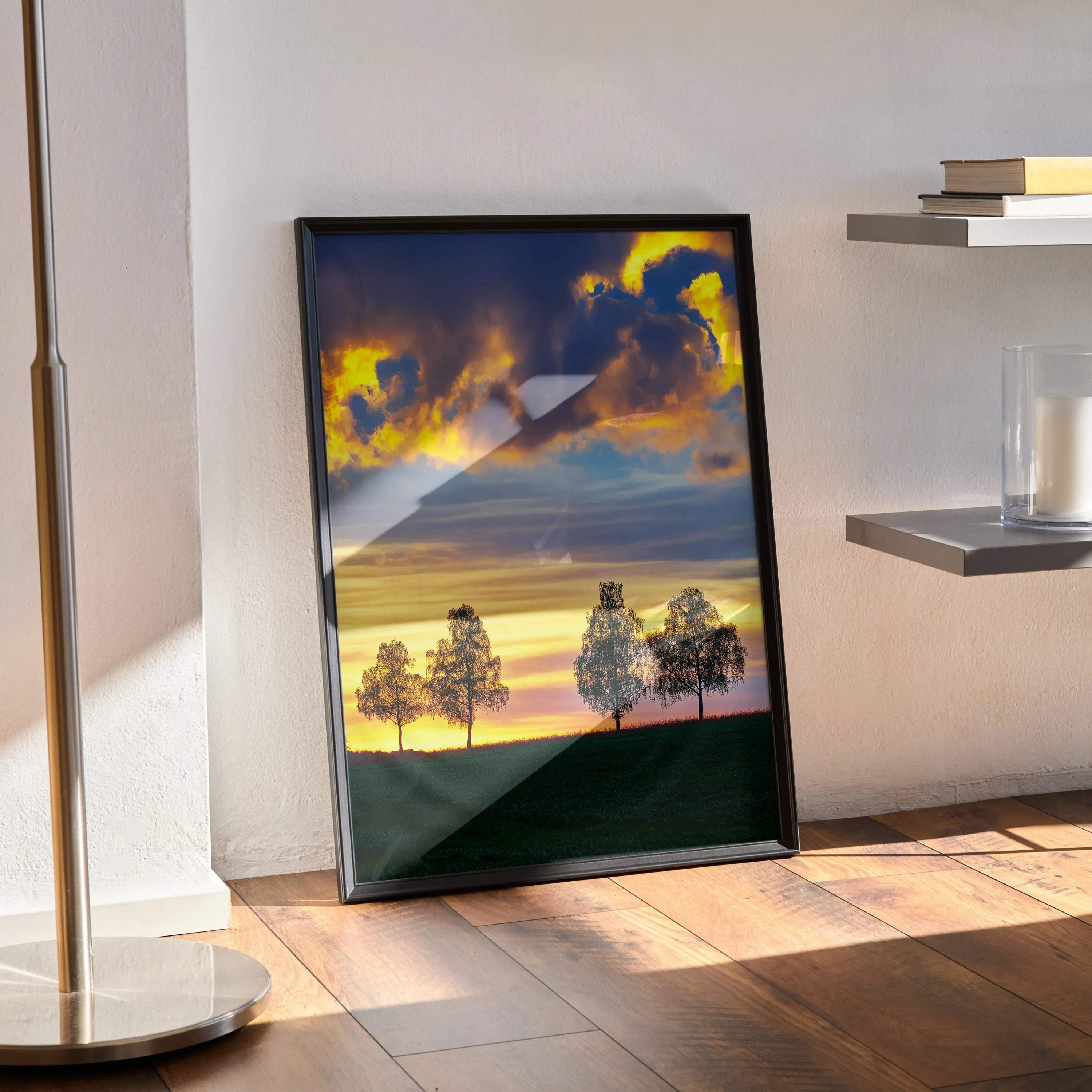 Vertical poster wall art featuring golden hour sunset sky with vibrant clouds and silhouetted trees.