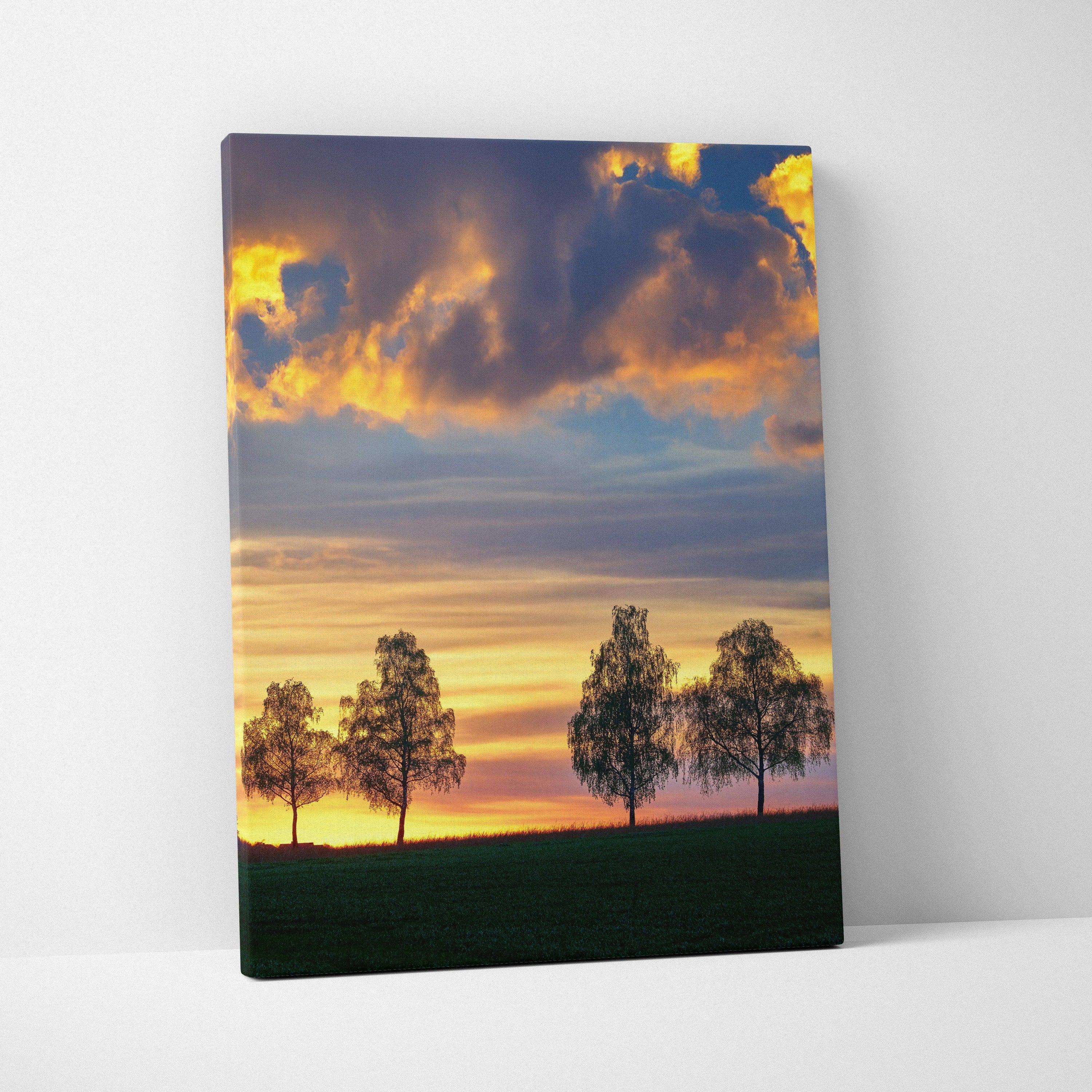 Sunset landscape canvas wall art with silhouetted trees and dramatic colorful sky.