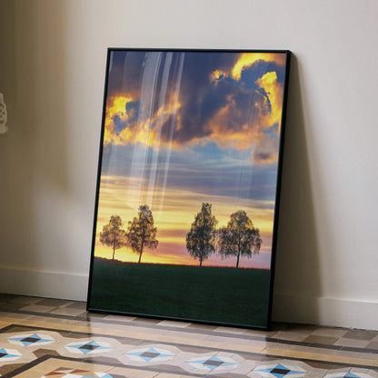 Golden hour sunset nature wall art poster with silhouetted trees and vibrant sky colors.