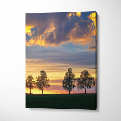 Sunset landscape canvas wall art with silhouetted trees and colorful sky clouds.