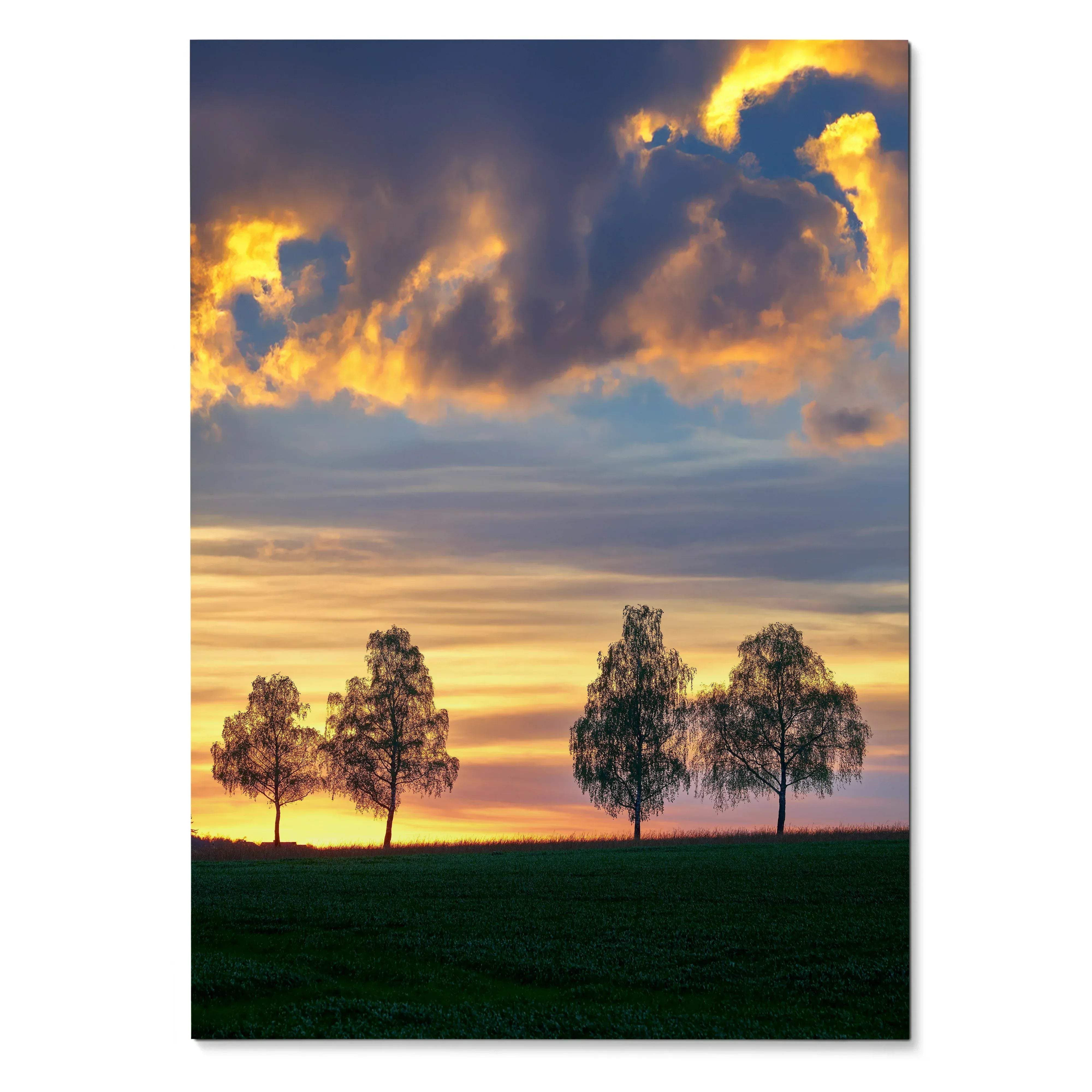 Vertical sunset nature wall art poster with silhouetted trees and dramatic golden clouds.