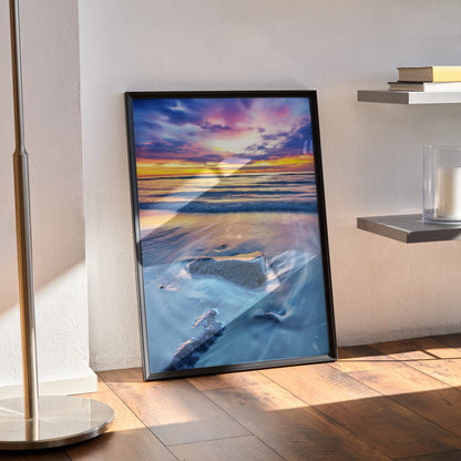 Vertical beach sunset ocean wall art poster with vibrant pink and orange sky over calm waves.