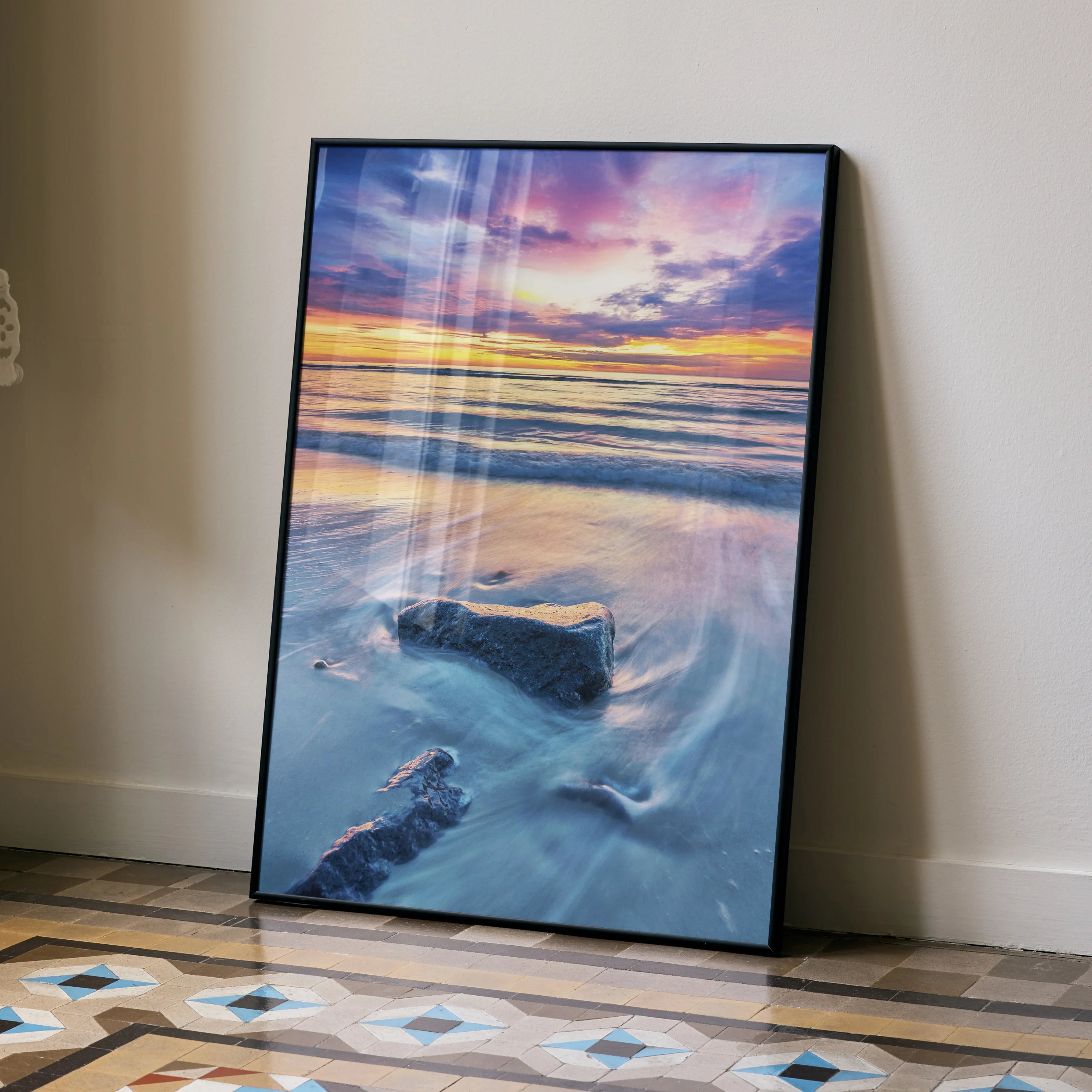 Sunset beach ocean poster wall art with colorful sky and waves on sand.