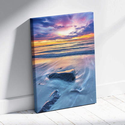 Canvas wall art of a serene beach sunset with colorful clouds and gentle waves.
