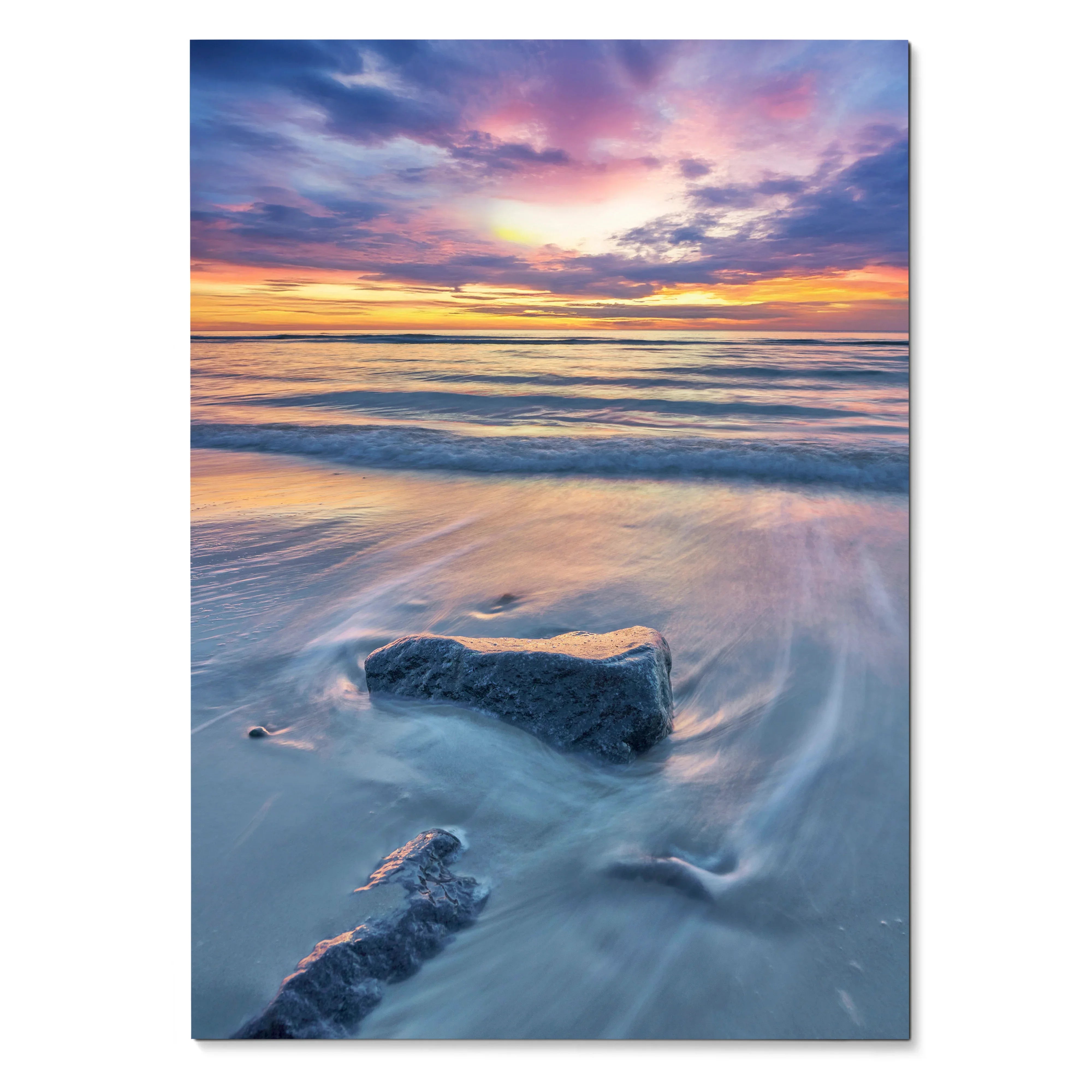 Vertical beach sunset poster with soft waves and colorful sky ocean wall art.