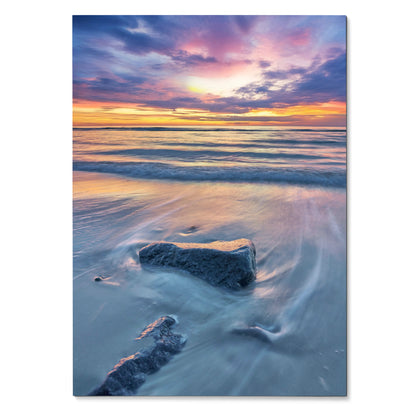 Vertical beach sunset poster with soft waves and colorful sky ocean wall art.