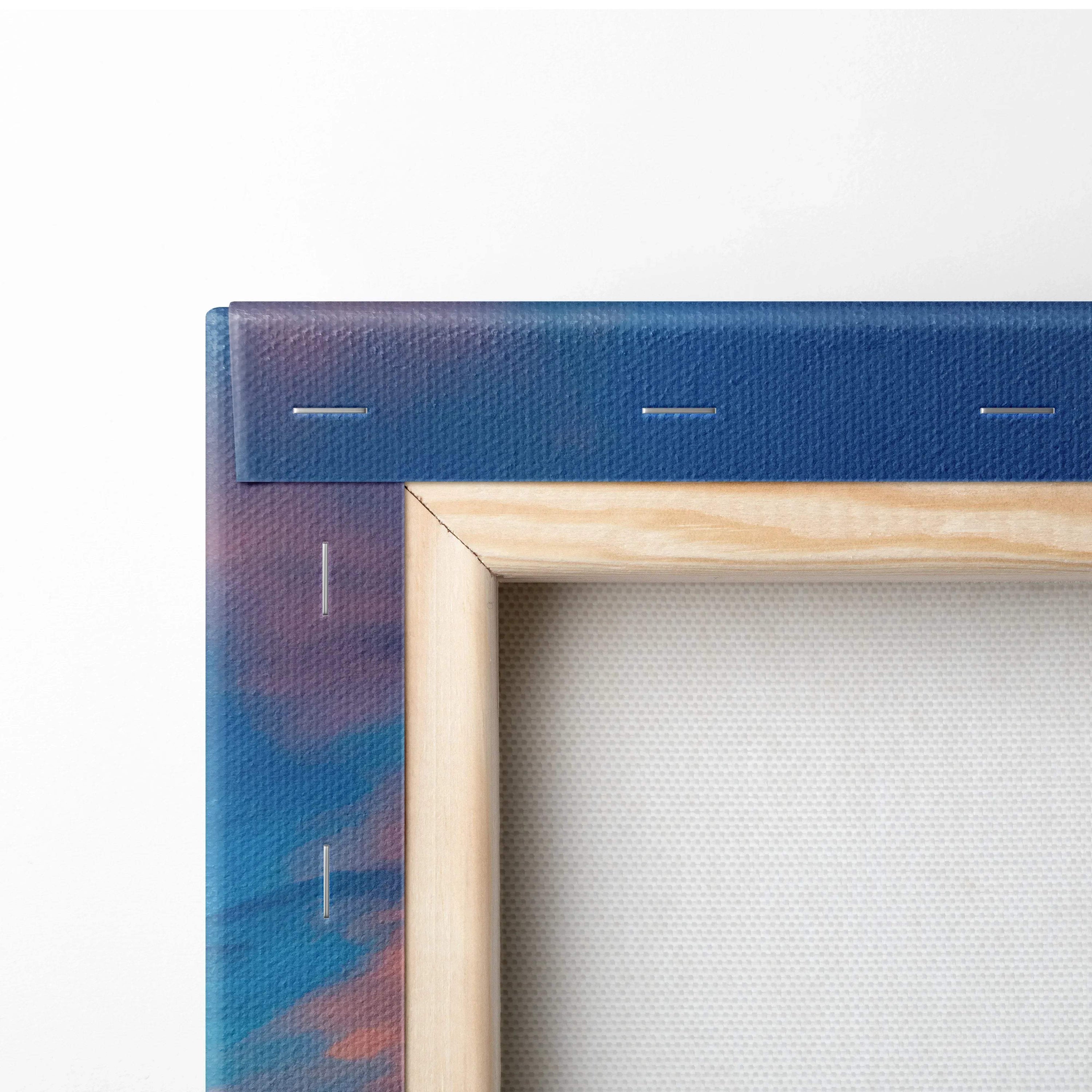 Close-up of stretched canvas corner with visible wooden frame and vibrant printed wall art colors.