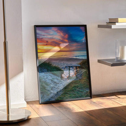 Vibrant beach sunset ocean art print poster with colorful sky and sandy path wall art.