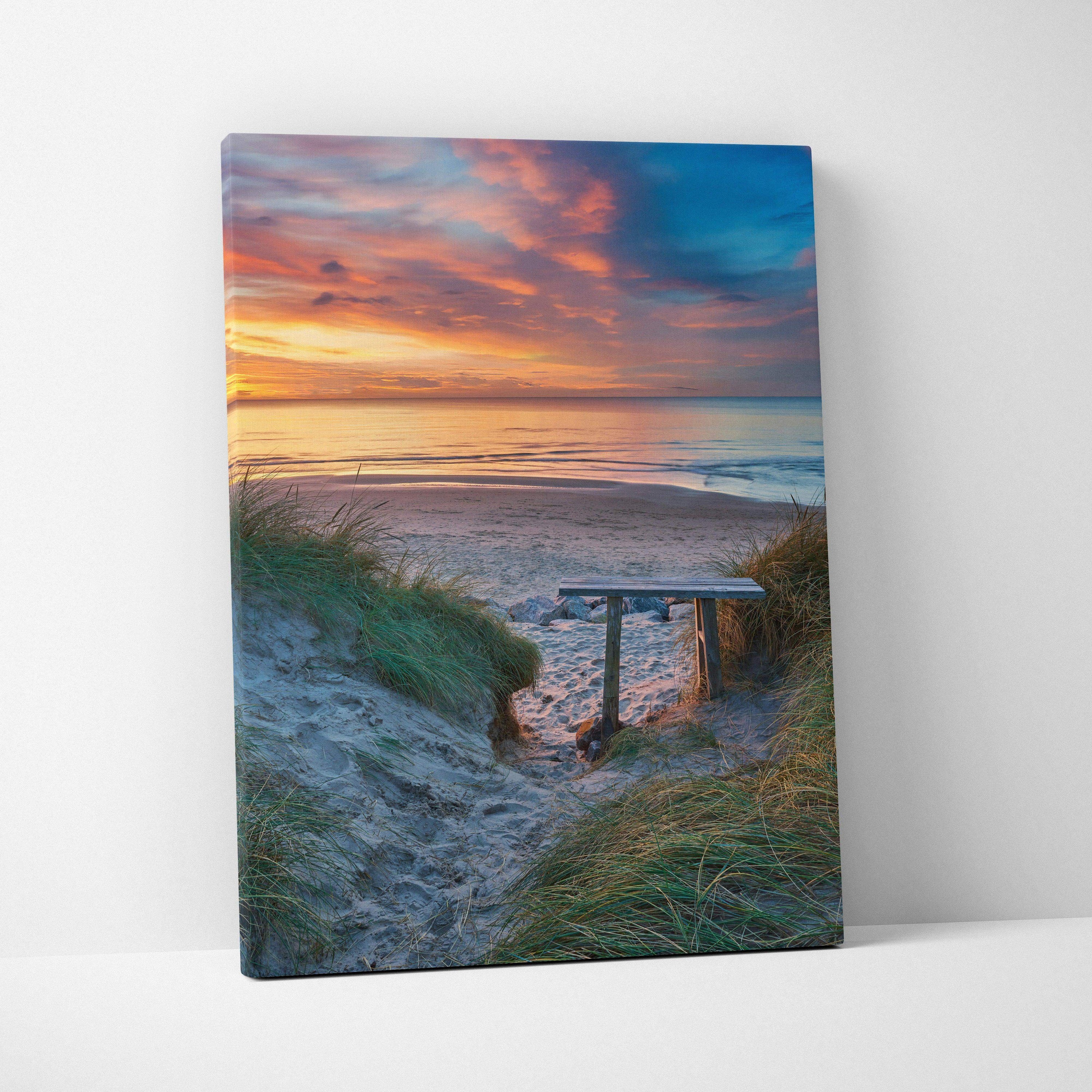 Canvas wall art featuring a serene beach sunset with sandy path and grassy dunes.