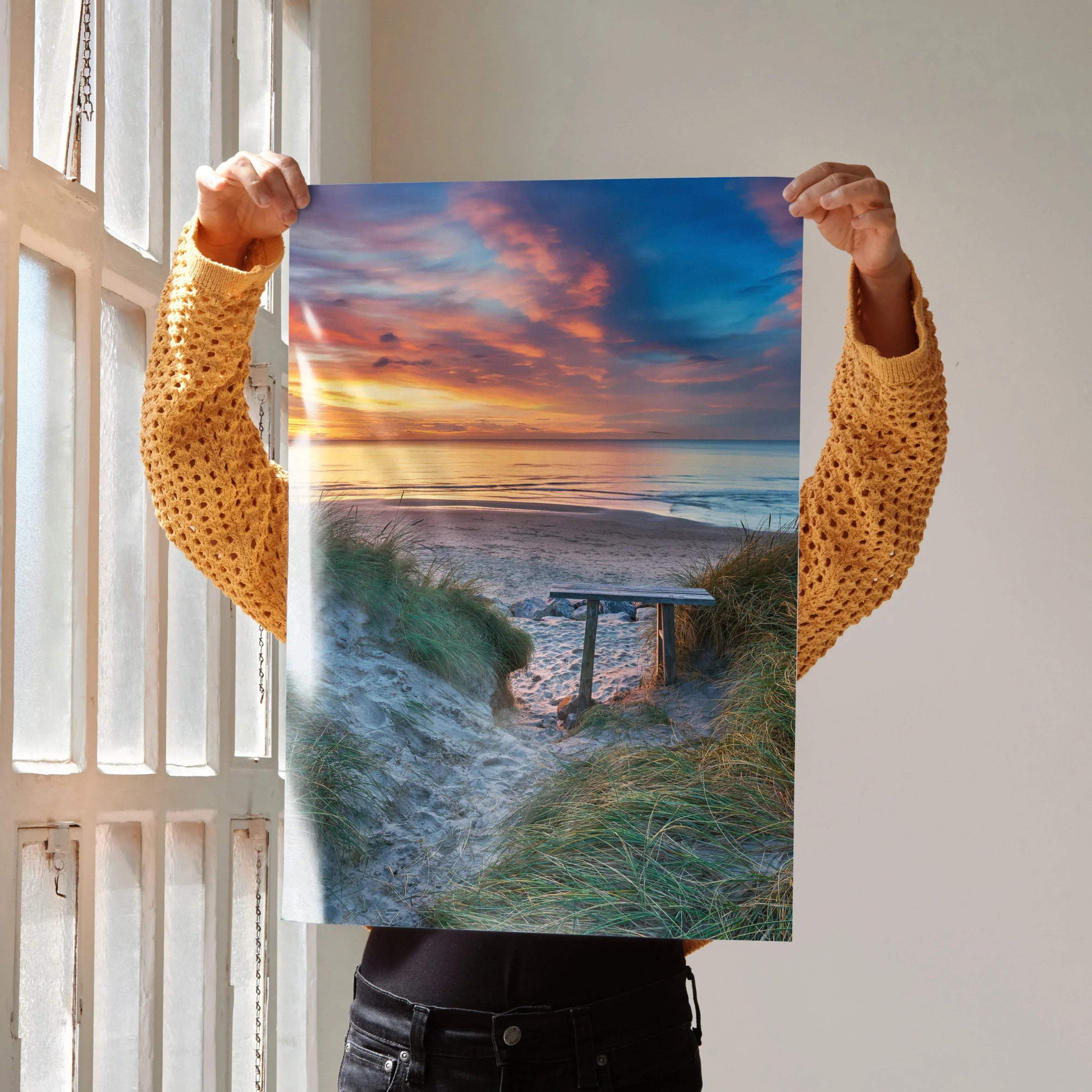 Vibrant beach sunset ocean poster with colorful sky and grassy dunes wall art.