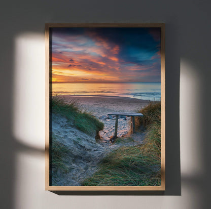Vibrant beach sunset ocean art poster with sandy path and grassy dunes vertical wall art.