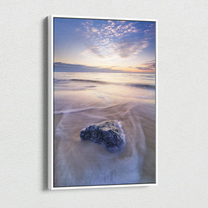 Serene beach sunset canvas wall art with soft waves and vibrant sky in vertical format.