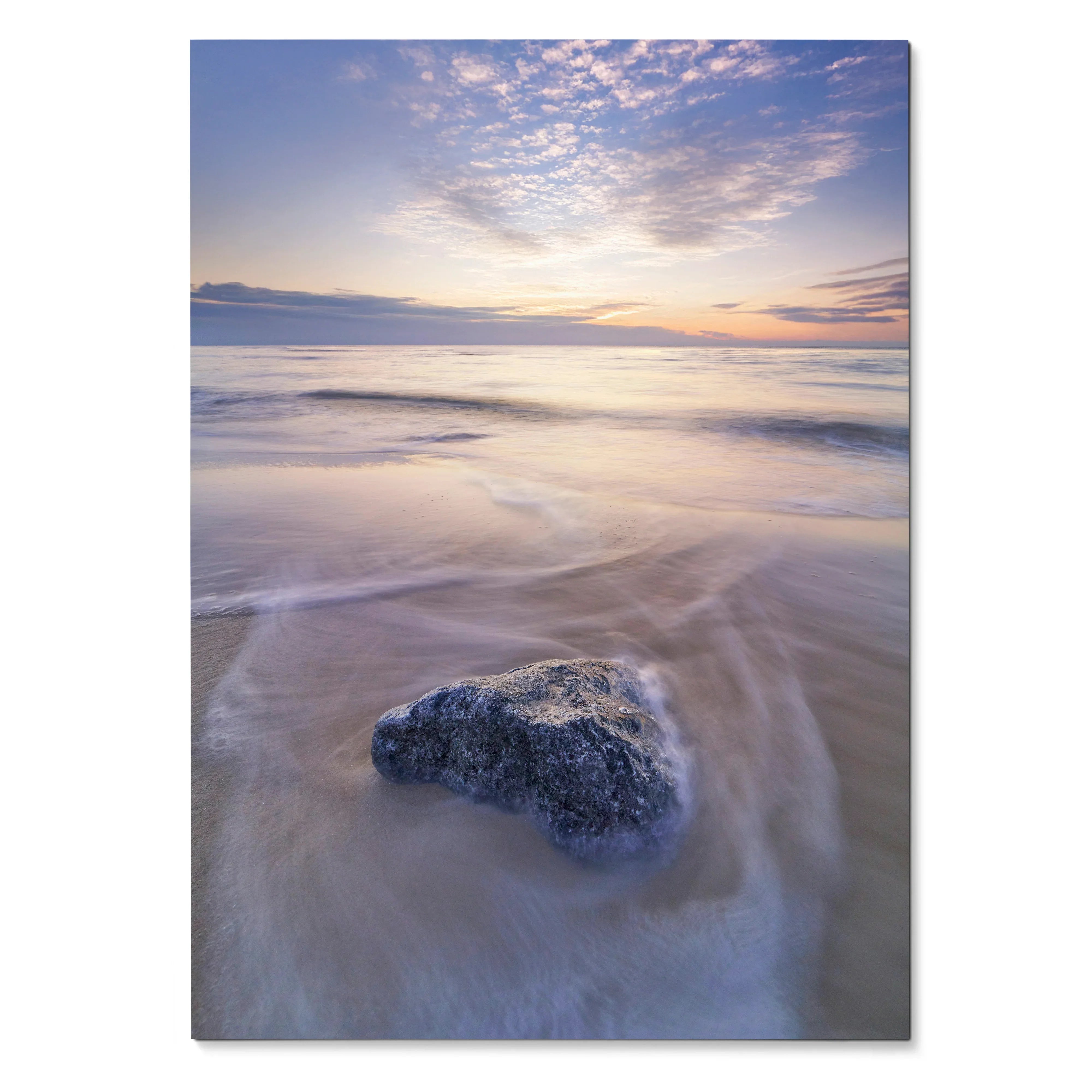 Vibrant beach sunset ocean poster with soft waves and glowing sky wall art.