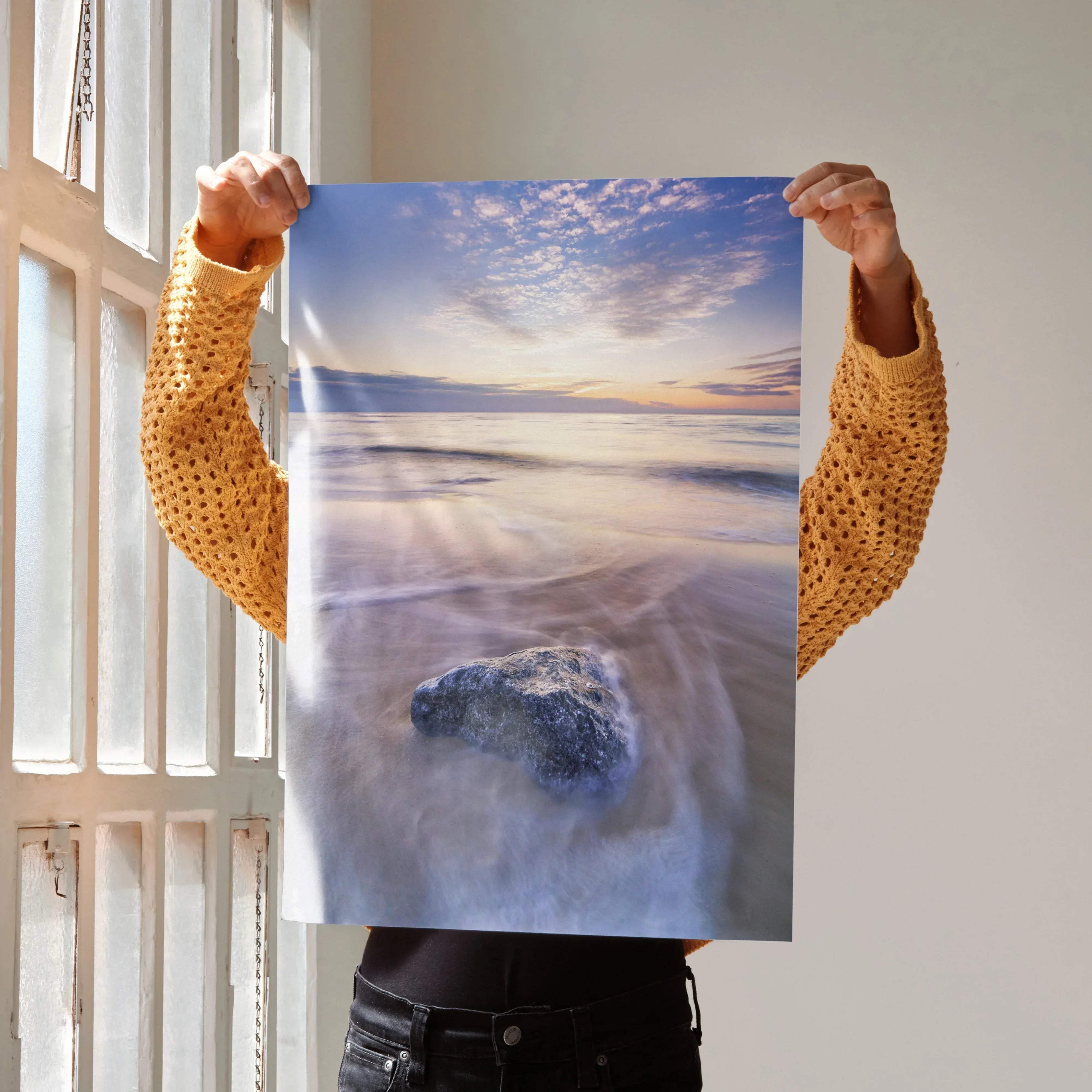Vibrant beach sunset ocean wall art poster featuring a serene rectangular print with blue and orange skies and gentle waves