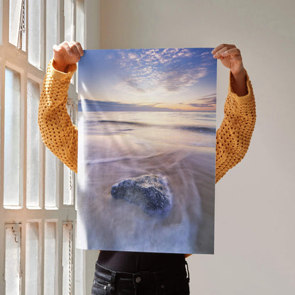 Vibrant beach sunset ocean wall art poster with colorful sky and rock on sandy shore.