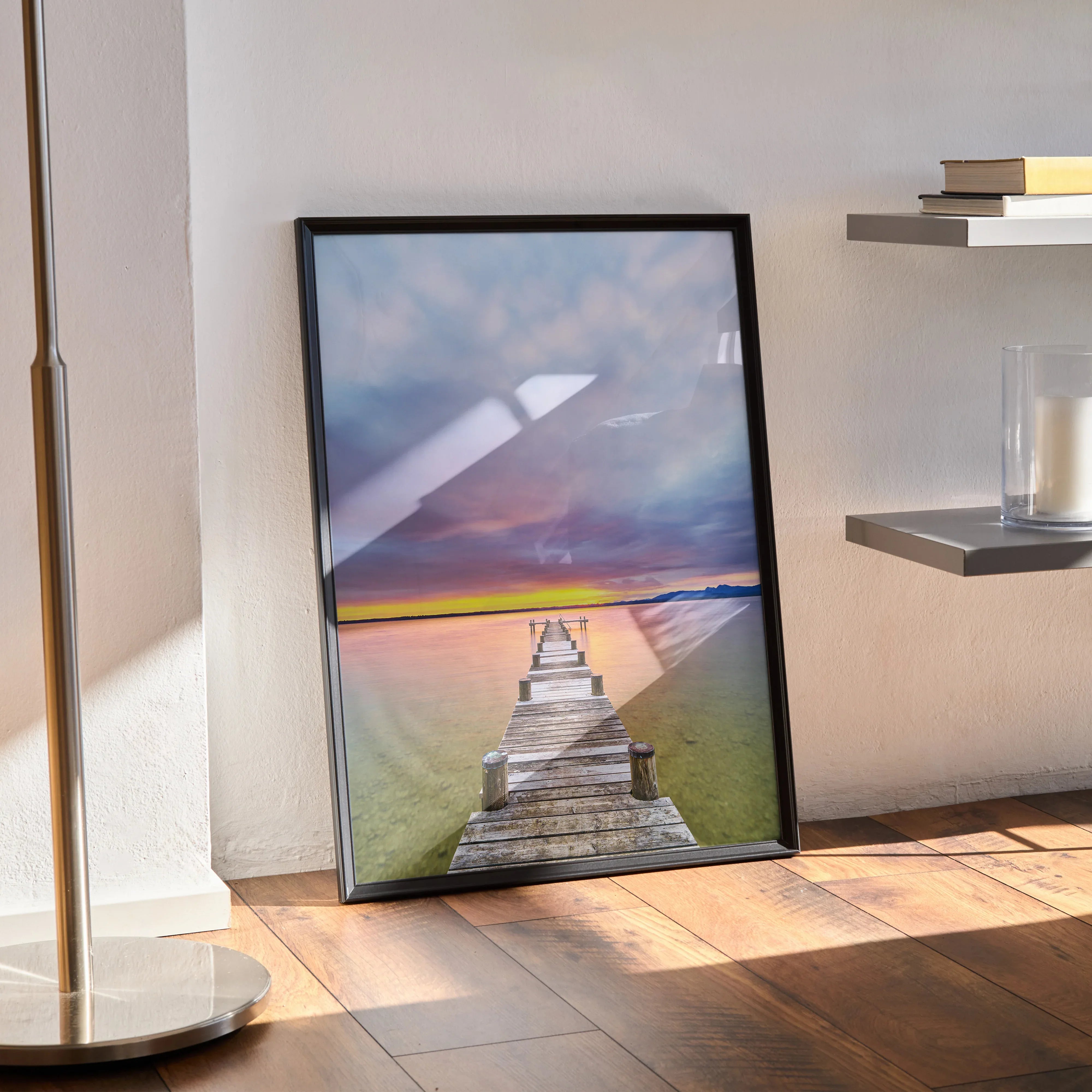 Vertical poster wall art of a serene beach sunset with a wooden dock extending into calm ocean waters.