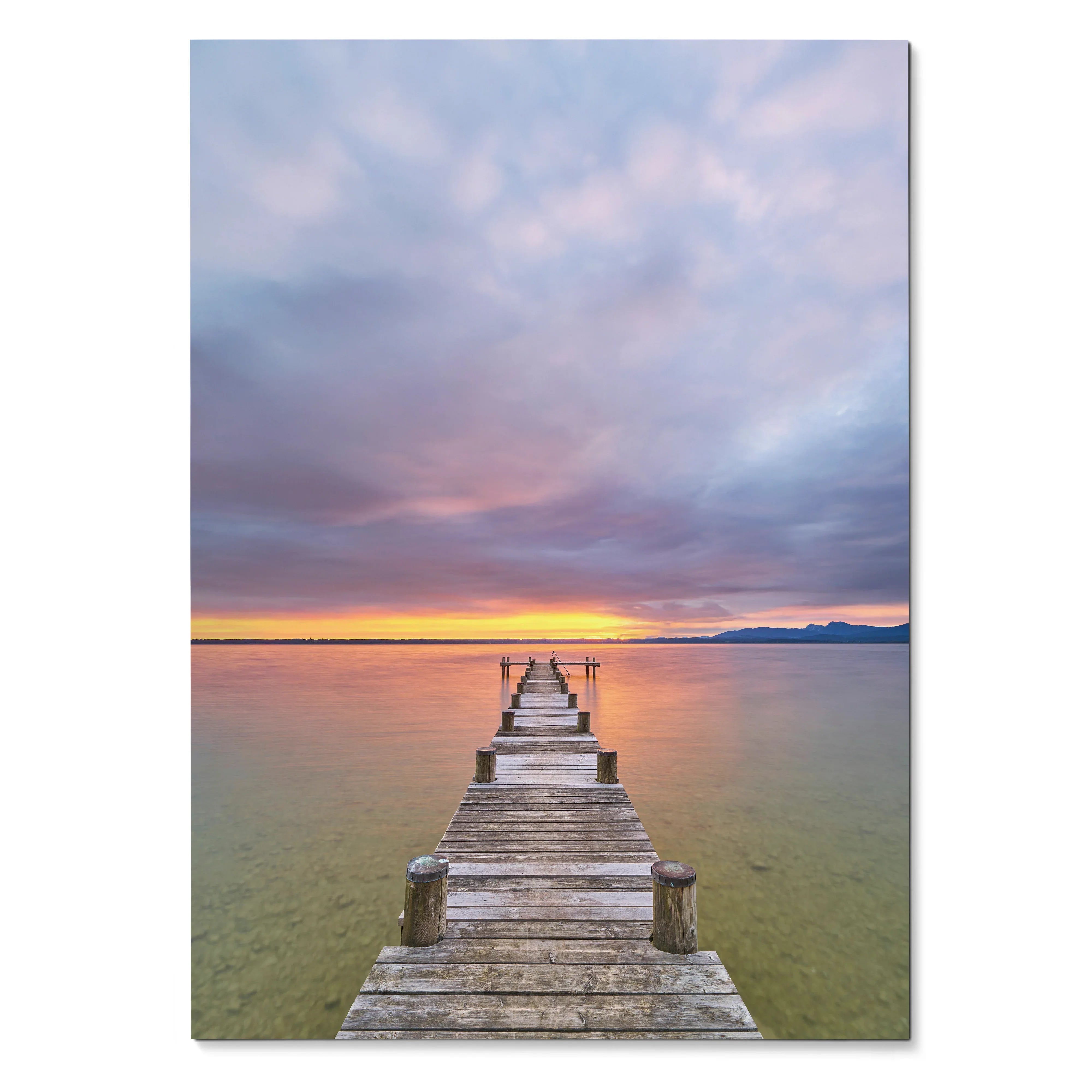 Vertical poster of a wooden pier extending into calm ocean waters under a vibrant sunset sky wall art.