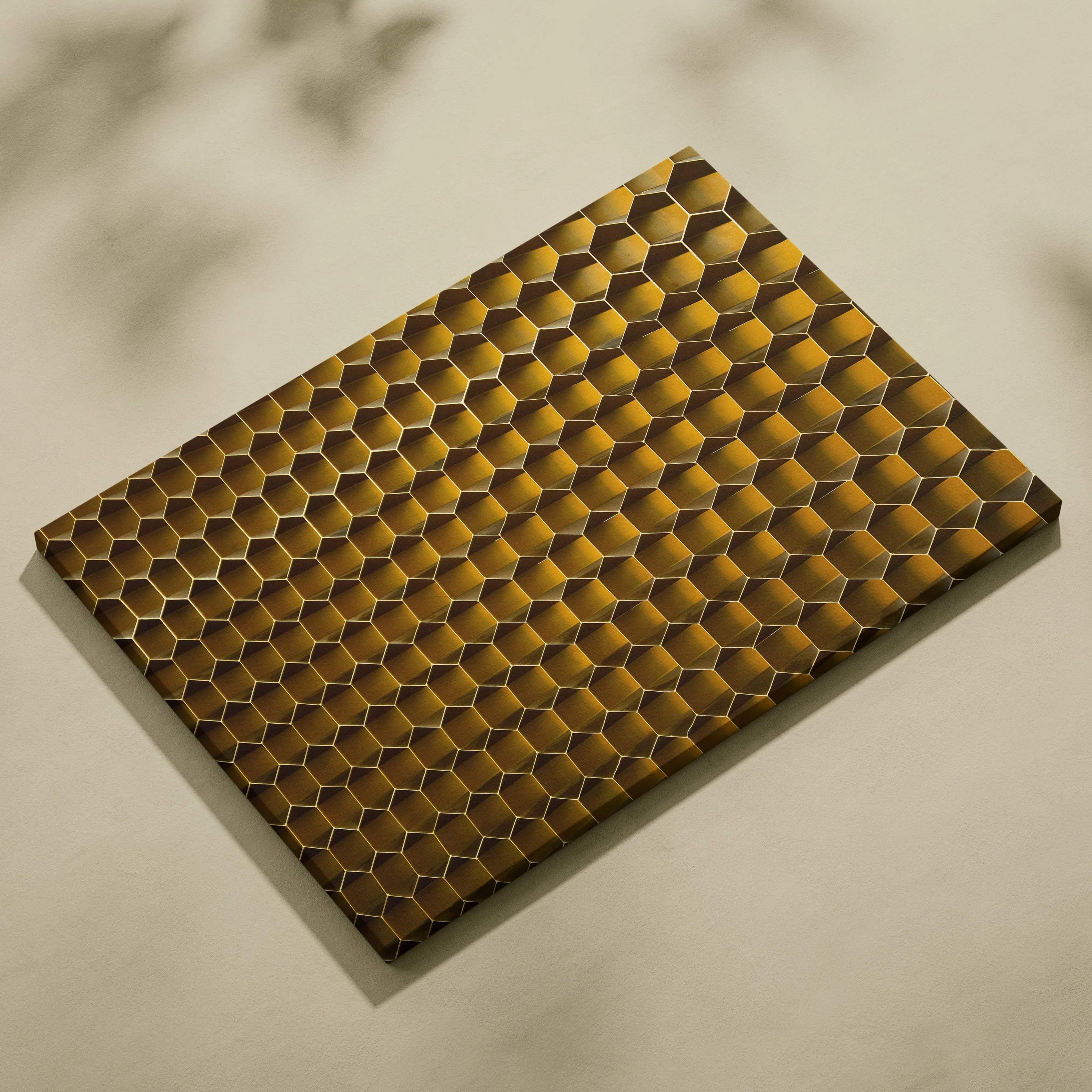 Golden honeycomb geometric hexagon wall art on canvas in amber gold tones