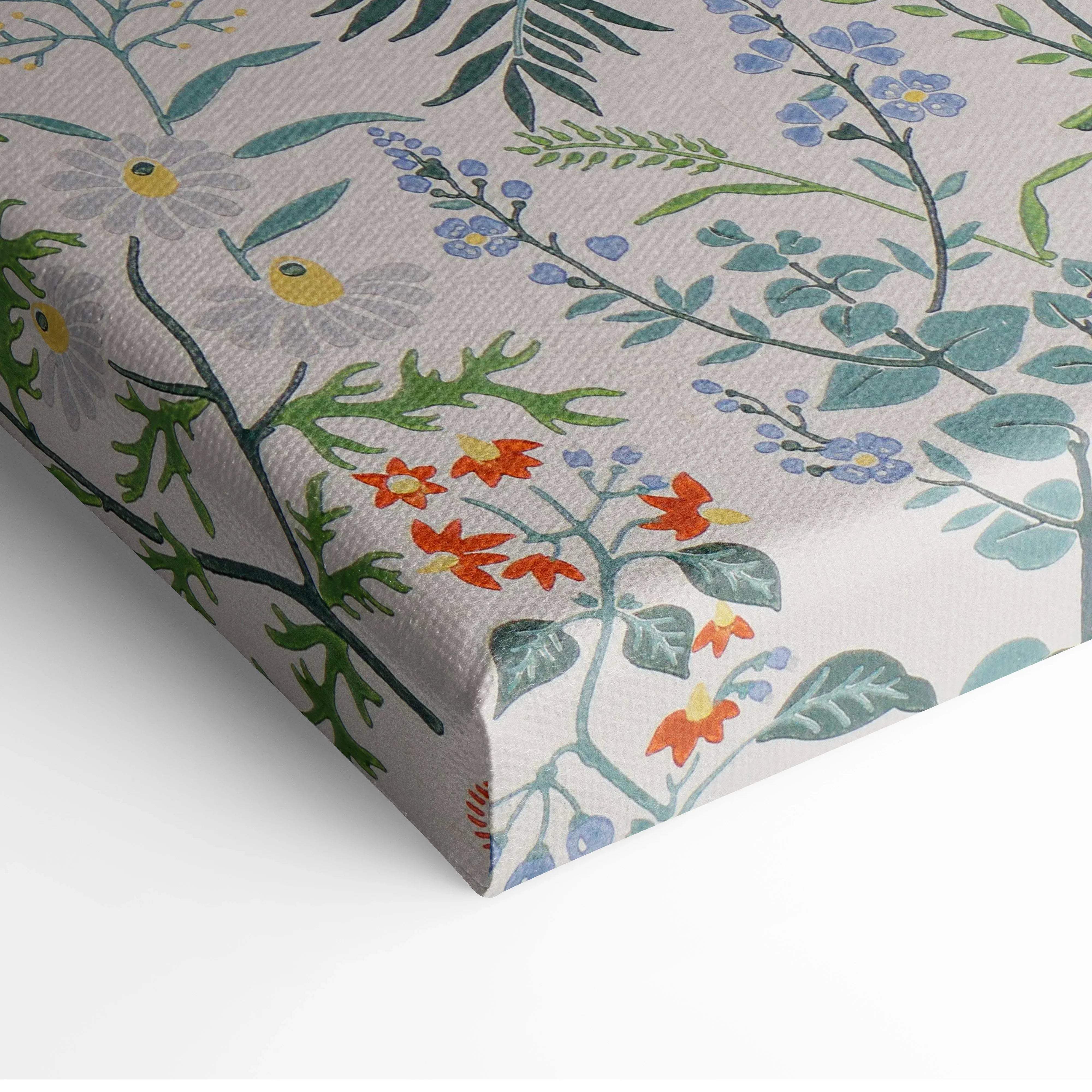 Vintage botanical floral canvas wall art with soft gray blue green orange wildflowers