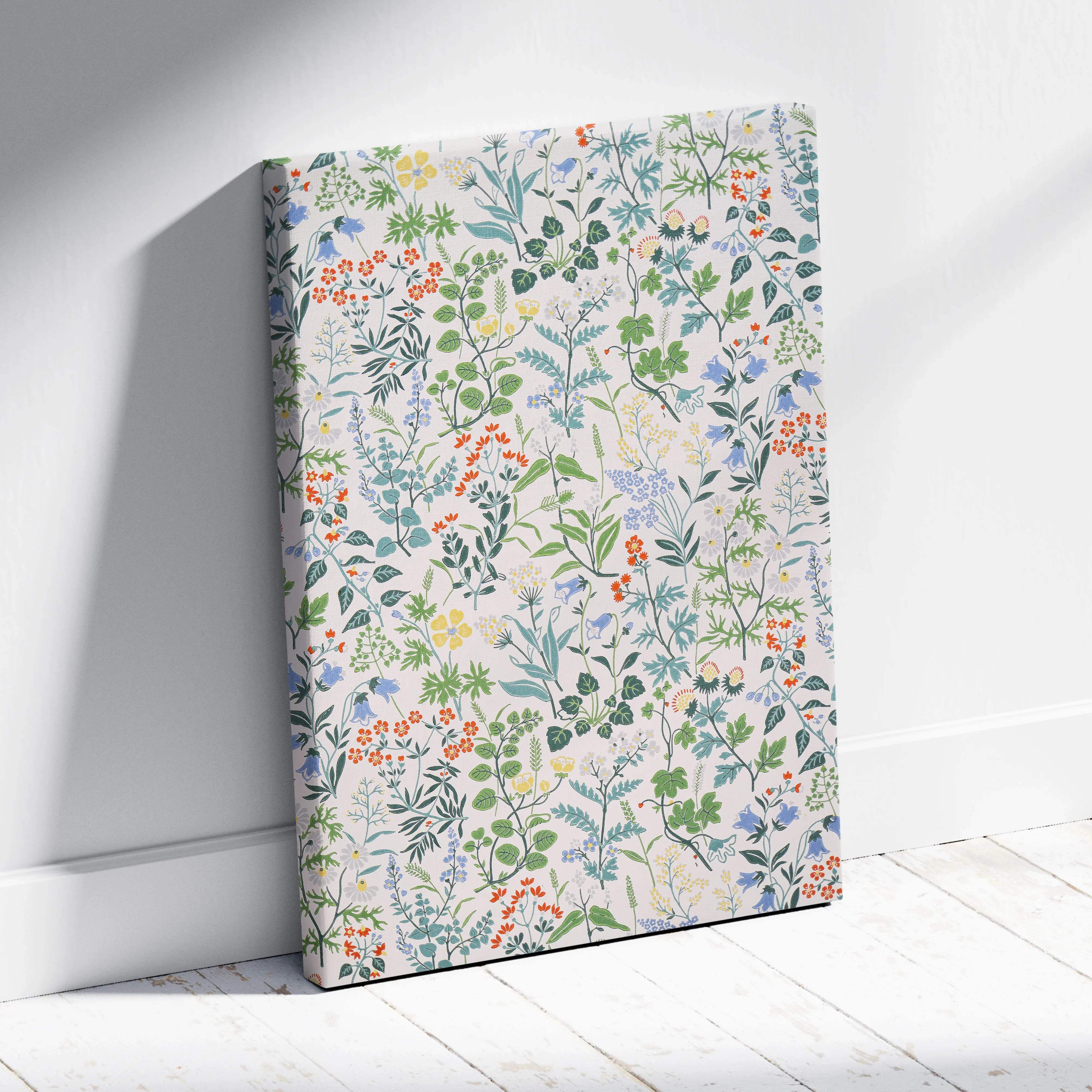 Vintage botanical floral canvas wall art with wildflowers, leafy stems in green, blue, yellow, coral