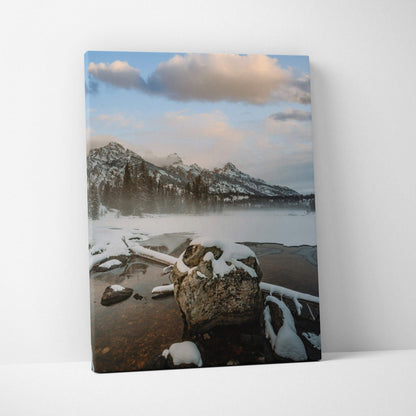 Snow-capped mountain canvas wall art with reflective lake and cloudy sky in vertical format.