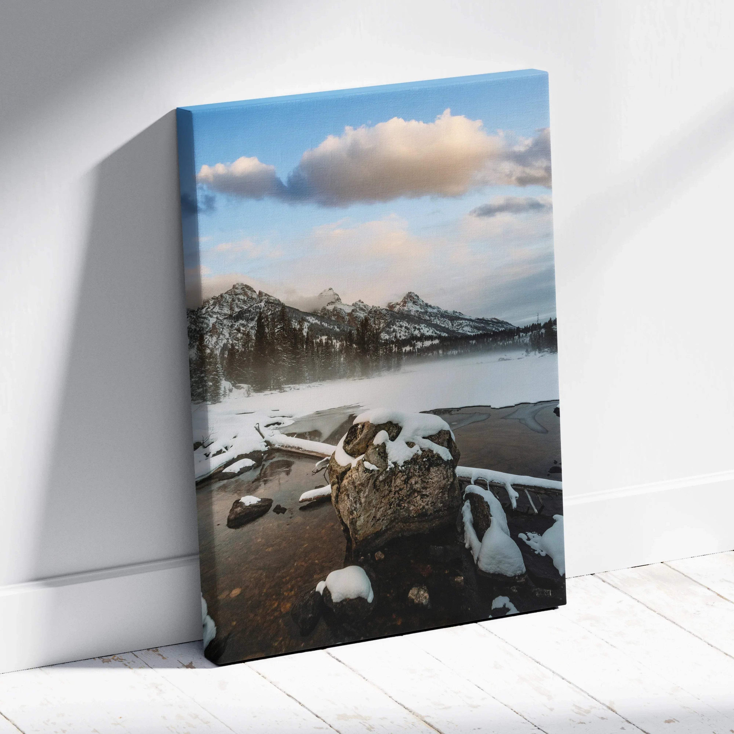 Snow-capped mountain landscape canvas wall art with reflective water and cloudy sky.