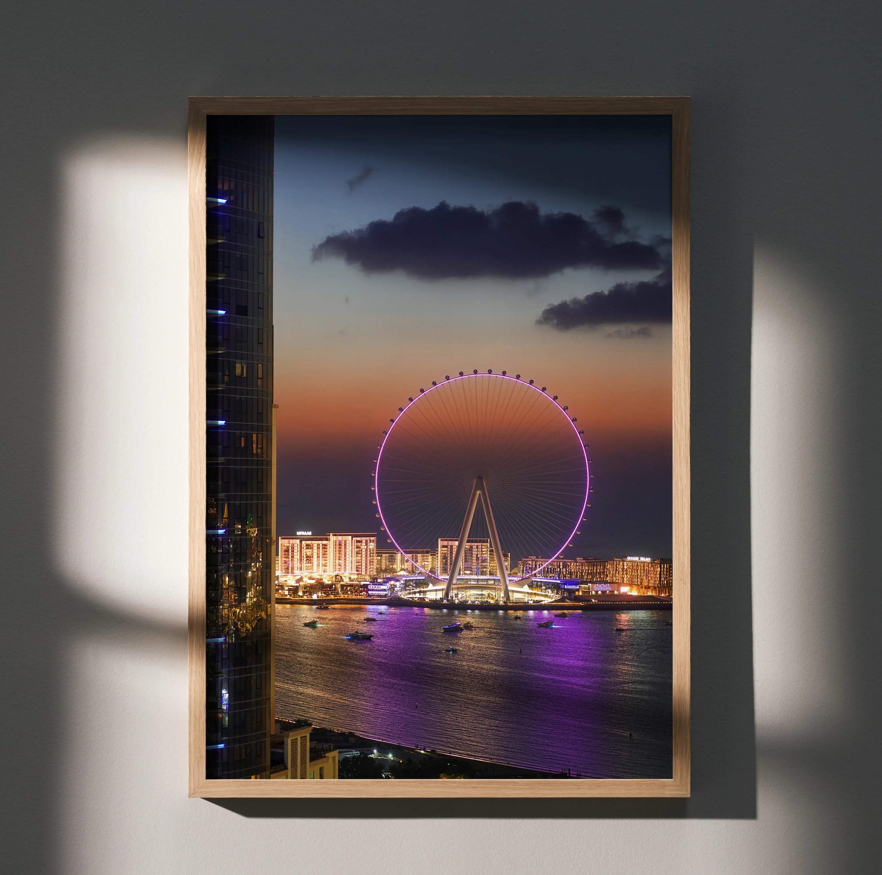 City night skyline poster featuring illuminated Ferris wheel and waterfront as wall art.