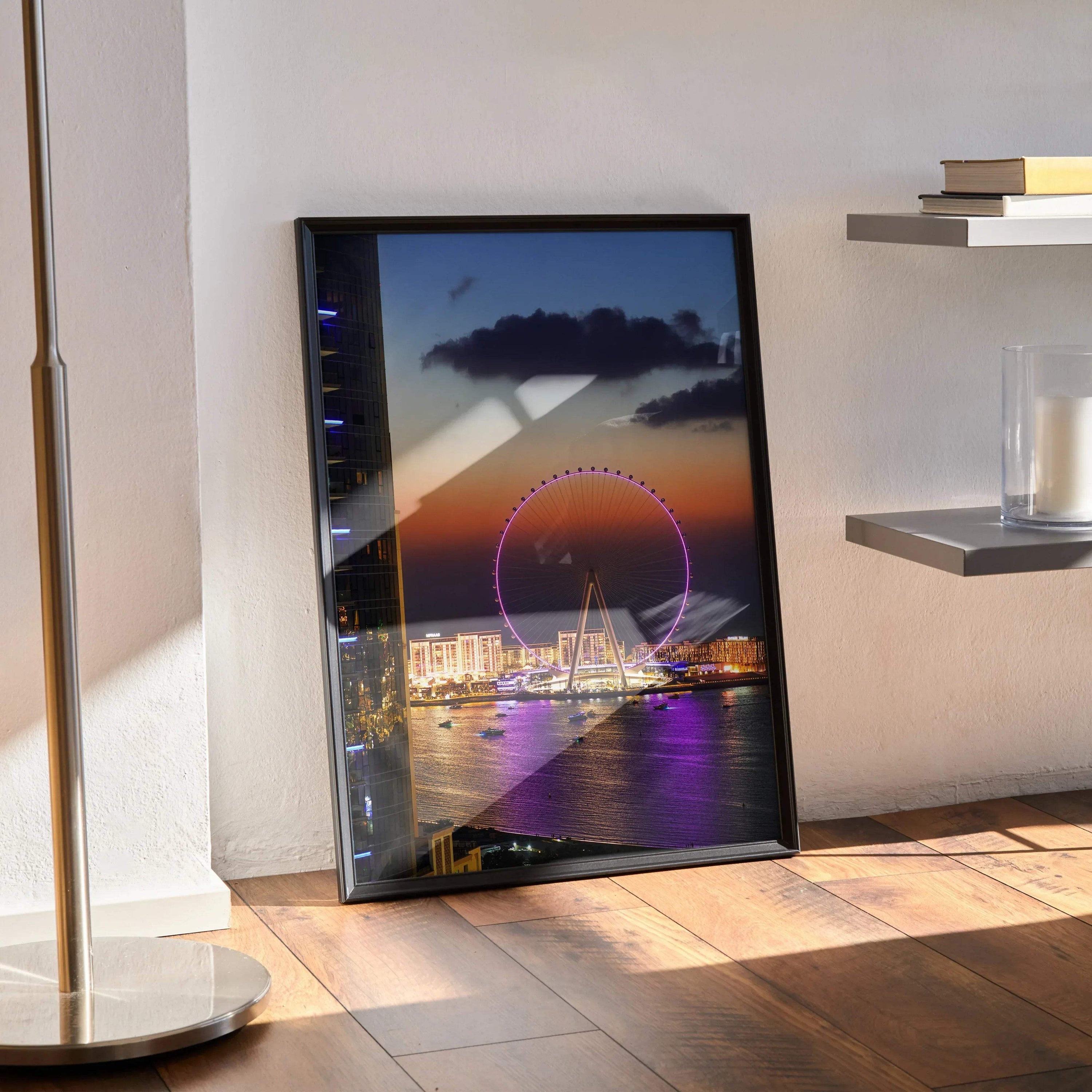 City night skyline poster with illuminated Ferris wheel and waterfront, vertical wall art print.