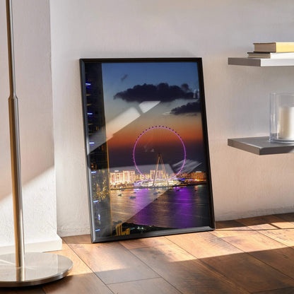 City night skyline poster with illuminated Ferris wheel and waterfront, vertical wall art print.
