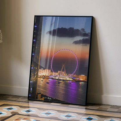 Vertical city night skyline poster featuring illuminated ferris wheel and waterfront wall art.