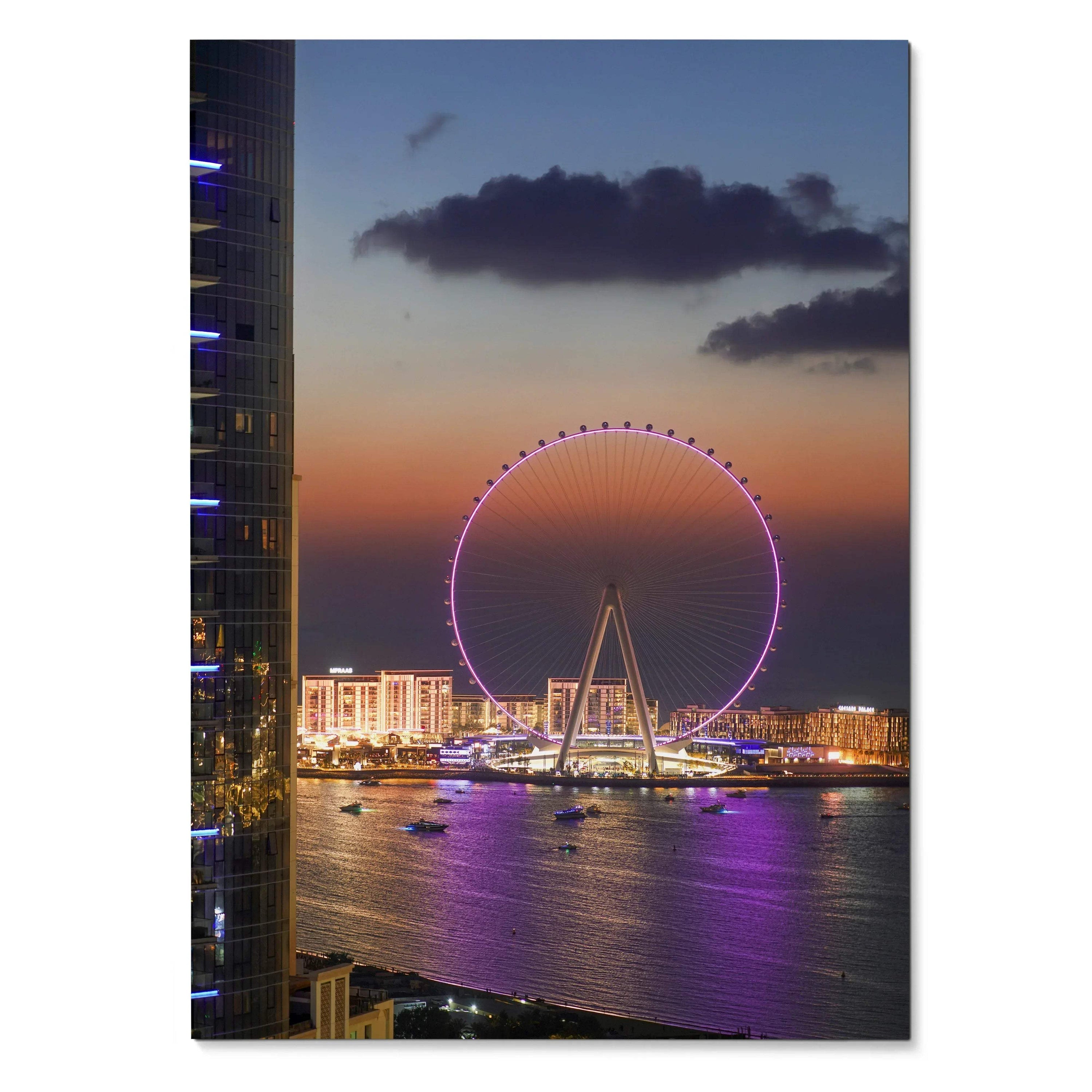 City night skyline wall art poster featuring illuminated Ferris wheel and waterfront buildings at dusk.